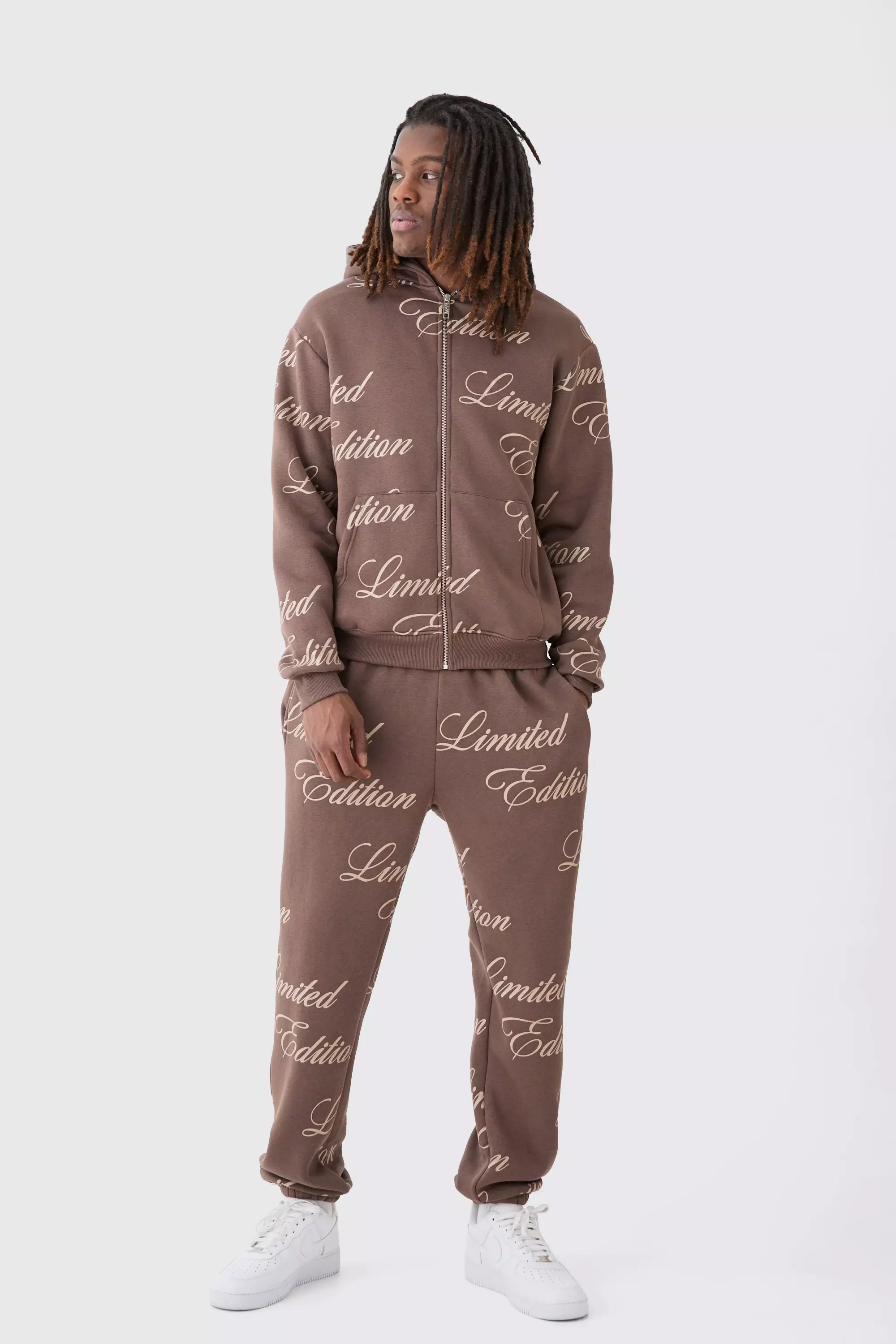 Chocolate Brown Limited Edition Script All Over Print Zip Hooded Tracksuit