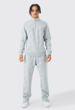 Limited Edition All Over Print Slim Quarter Zip Tracksuit Grey marl