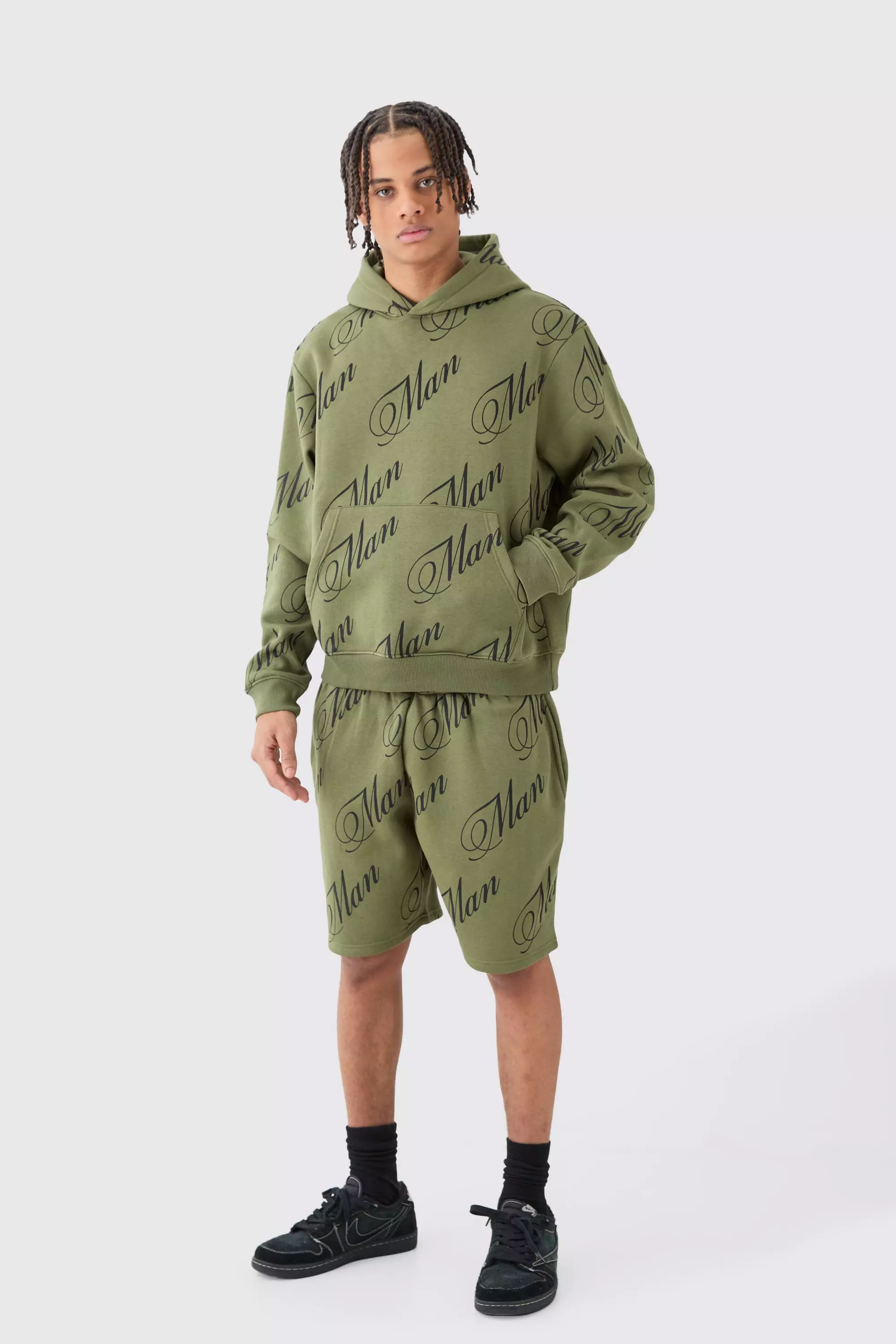 Olive Green Man Script All Over Print Boxy Hooded Short Tracksuit