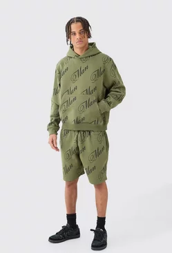 Olive Green Man Script All Over Print Boxy Hooded Short Tracksuit