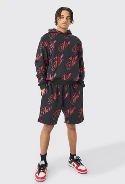 Man Script All Over Print Boxy Hooded Short Tracksuit Black