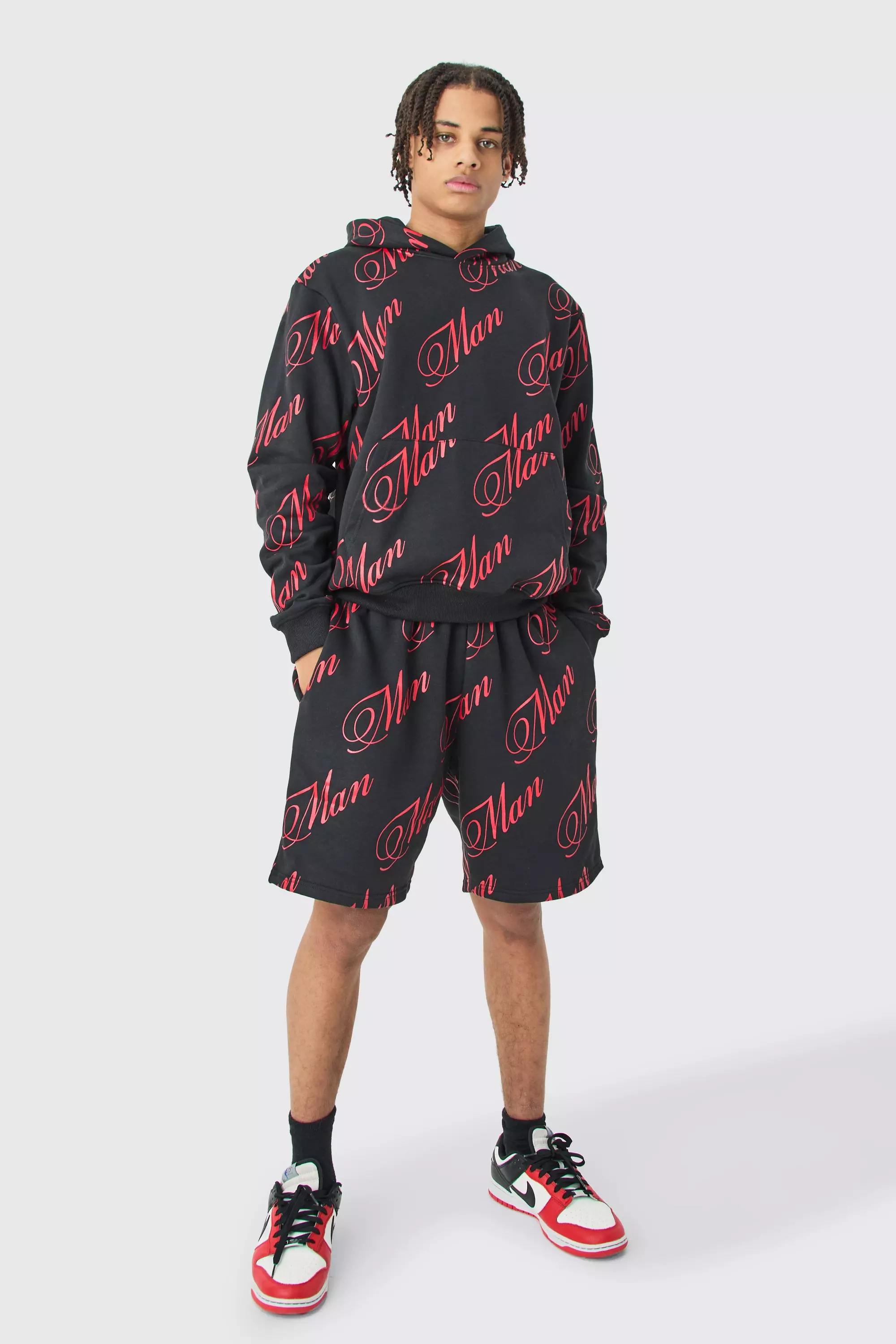 Man Script All Over Print Boxy Hooded Short Tracksuit Black