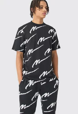 Man Signature All Over Print Tshirt & Jogger Set Black