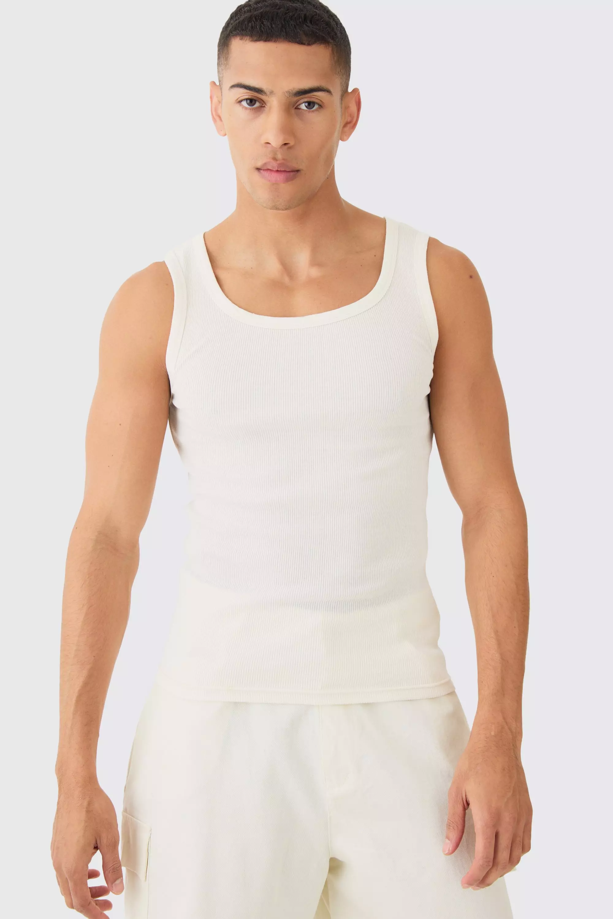 Ecru White Ribbed Muscle Fit Vest