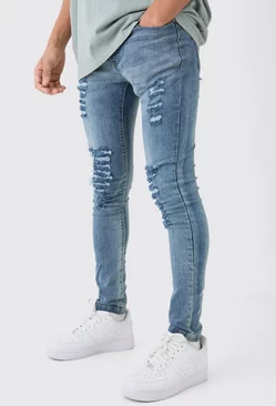 Blue Super Skinny Jeans With All Over Rips