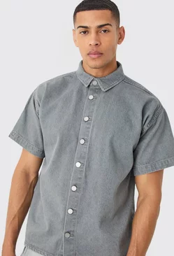 Grey Short Sleeve Boxy Fit Denim Shirt