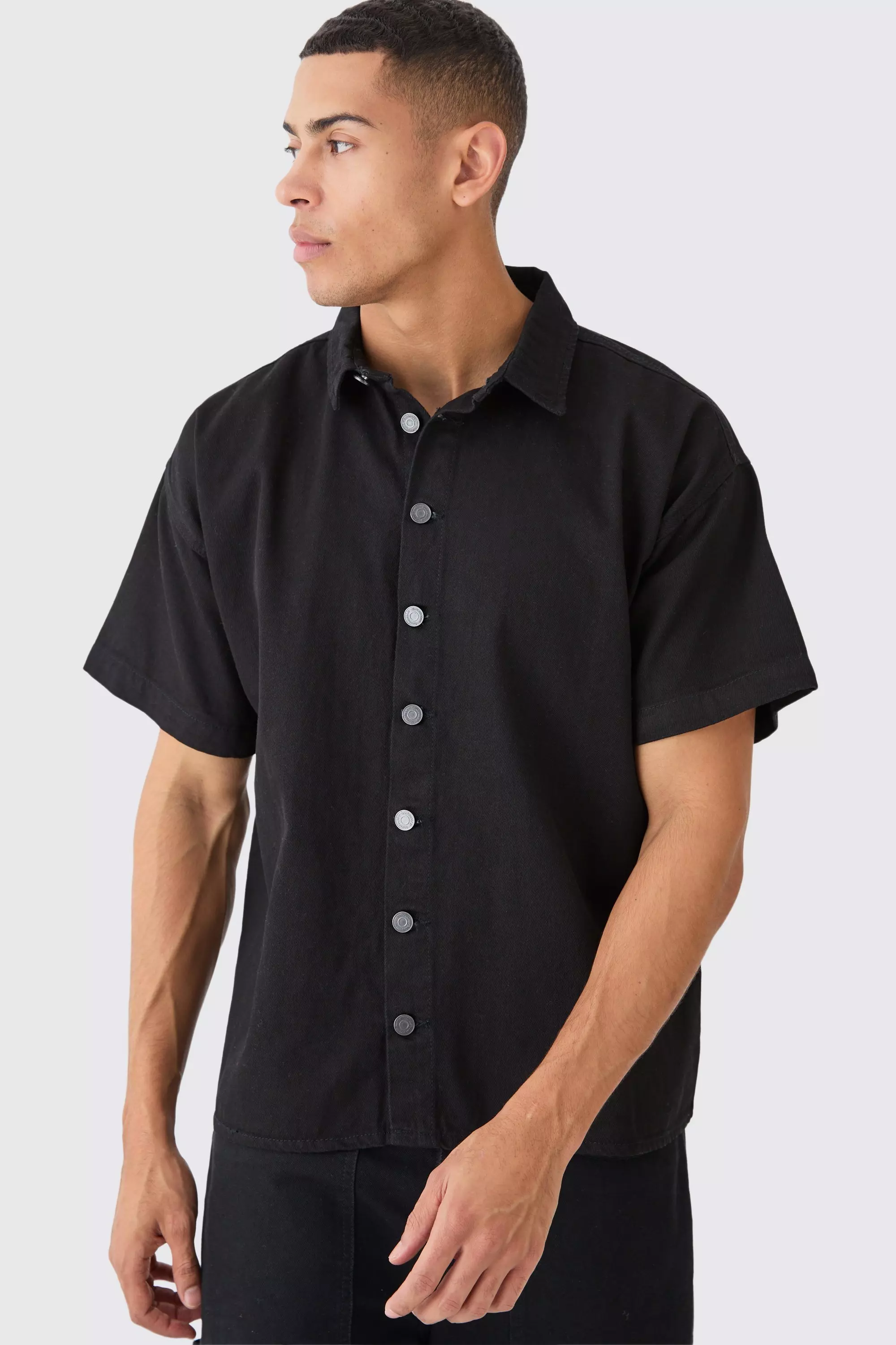 Black Short Sleeve Boxy Fit Denim Shirt