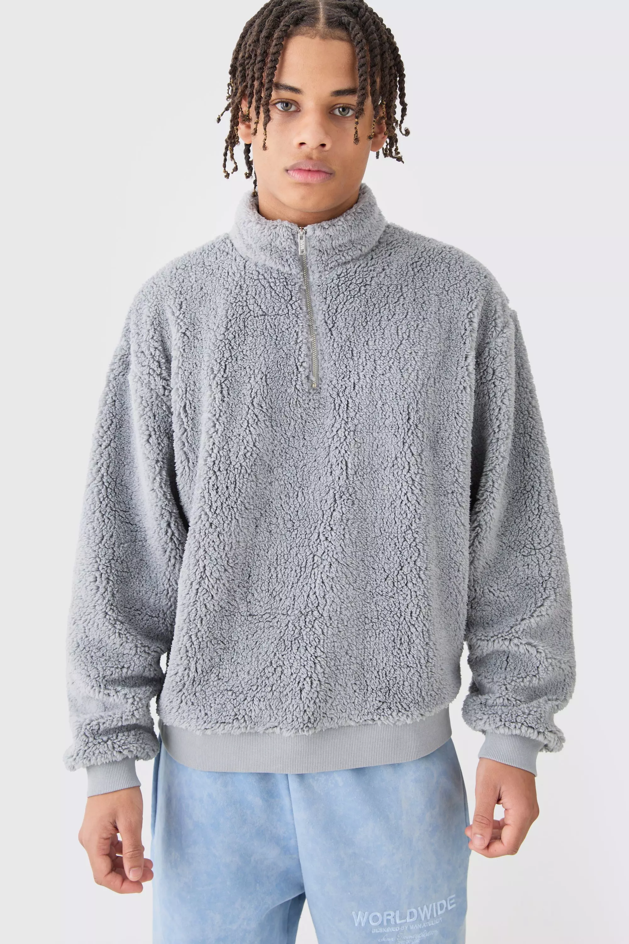 Light-grey Grey Oversized Boxy Borg Funnel Neck Sweatshirt