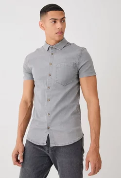 Short Sleeve Muscle Fit Denim Shirt Mid grey