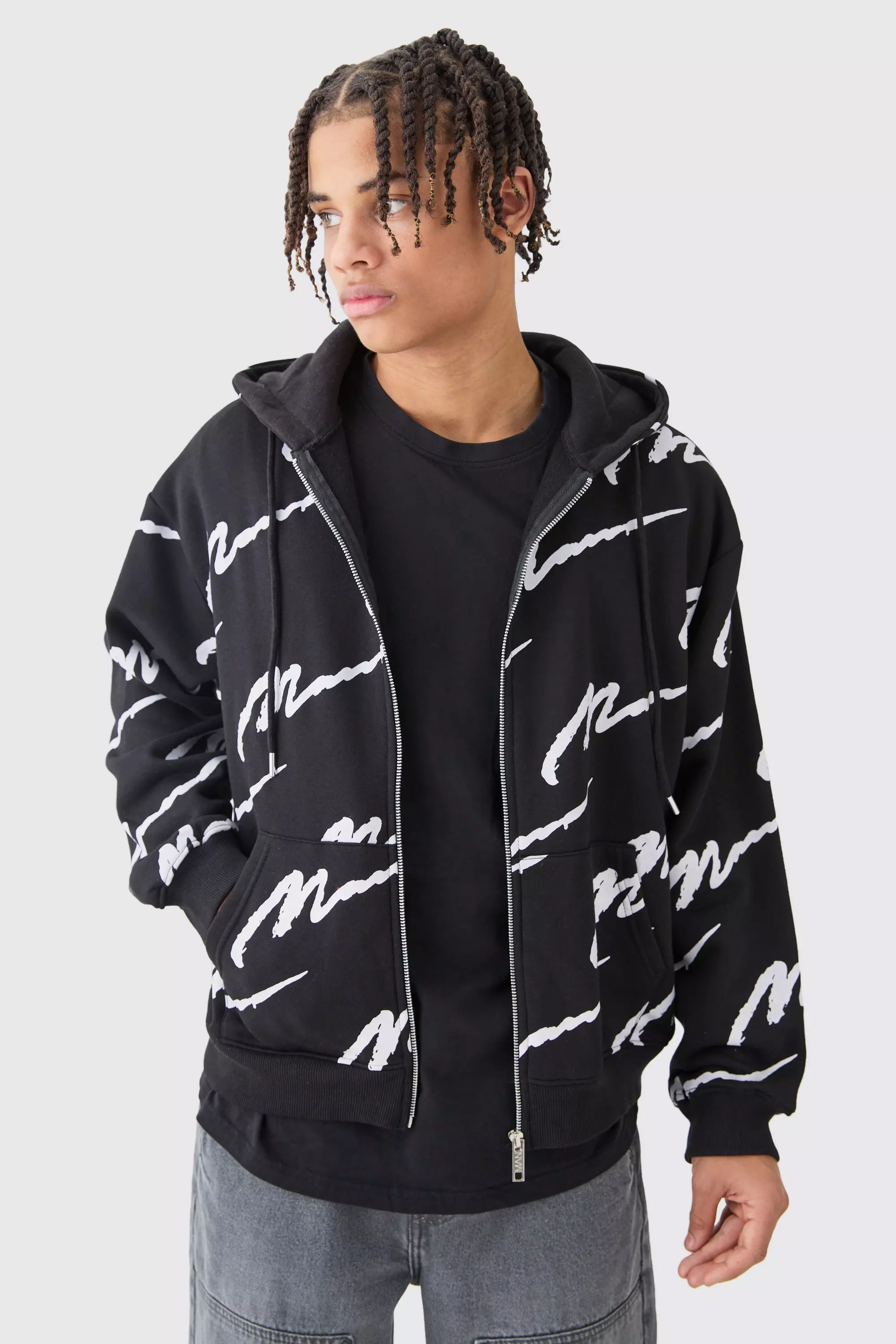 Man Signature All Over Print Boxy Zip Through Hoodie boohooMAN UK