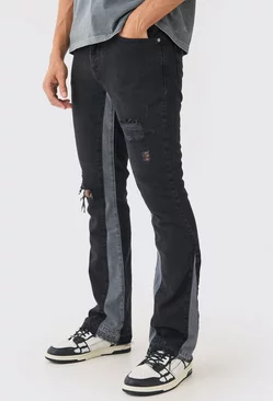 Slim Flare Distressed Panel Jeans Washed black