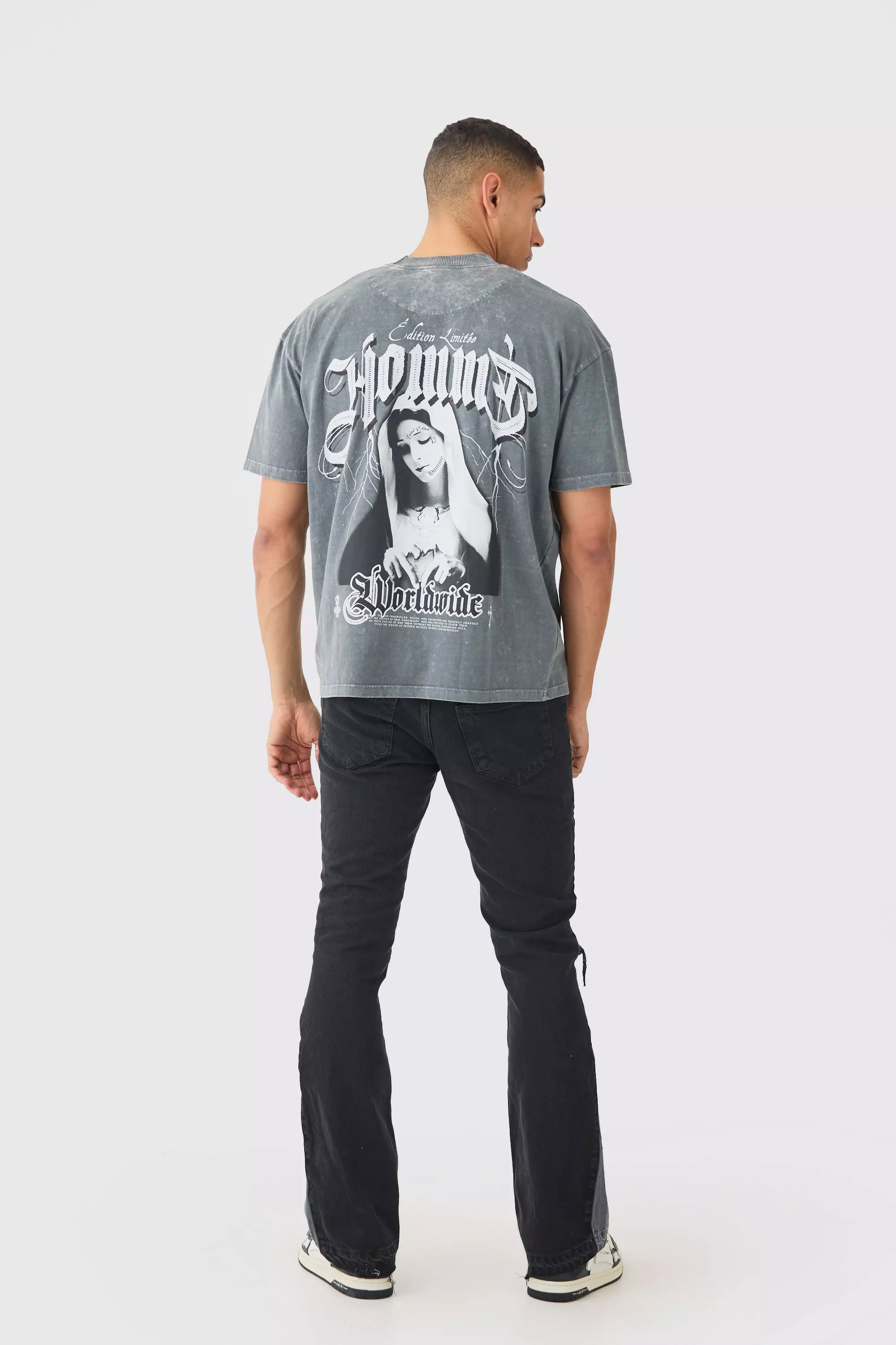 Washed black Slim Fit Flared Jeans Met Versleten Panelen alternatieve afbeelding