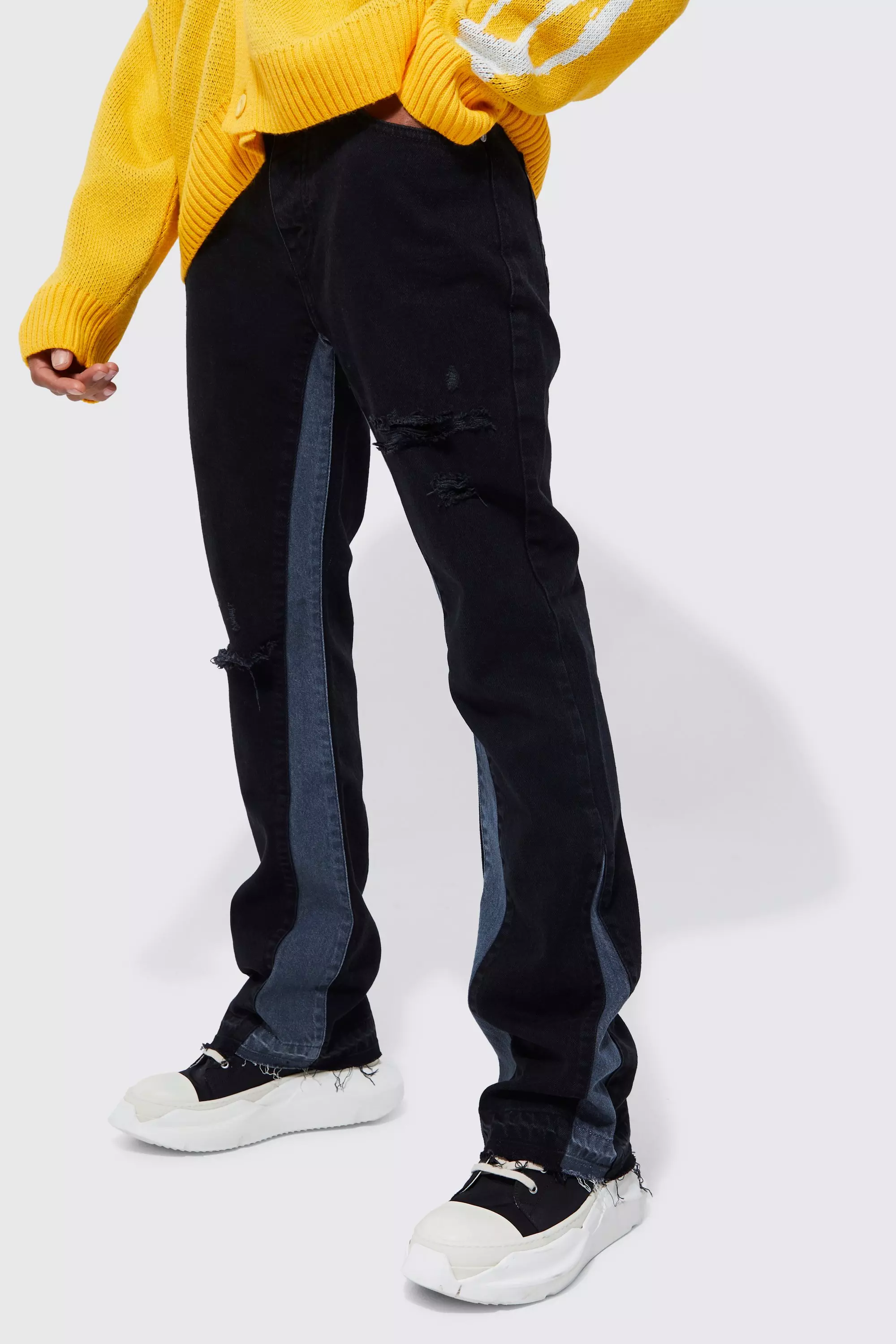 Black Slim Flare Distressed Panel Jeans