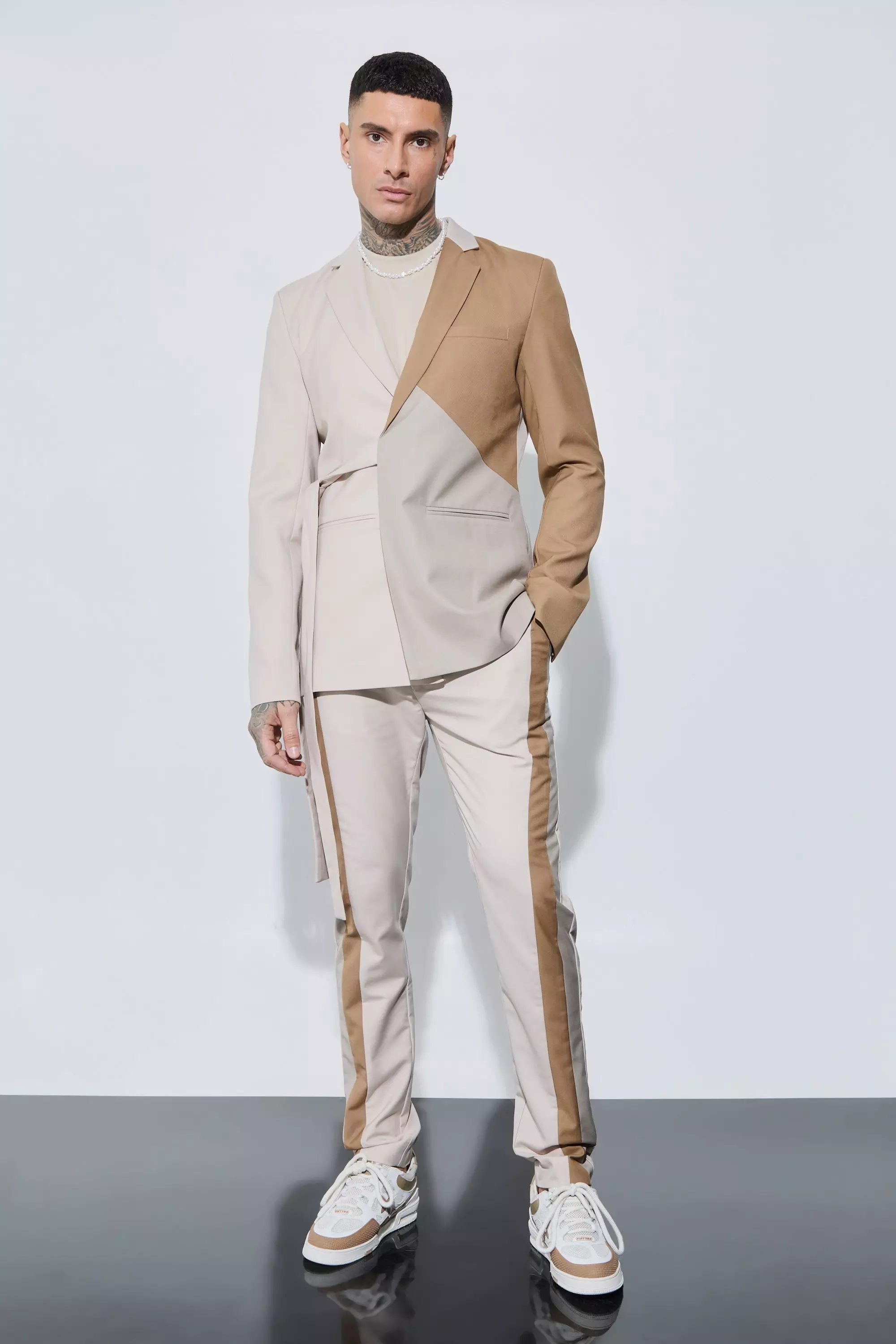 Tall Skinny Fit Colour Block Wrap Front Blazer boohooMAN IE