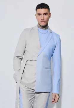 Blue Tall Skinny Fit Colour Block Wrap Front Blazer