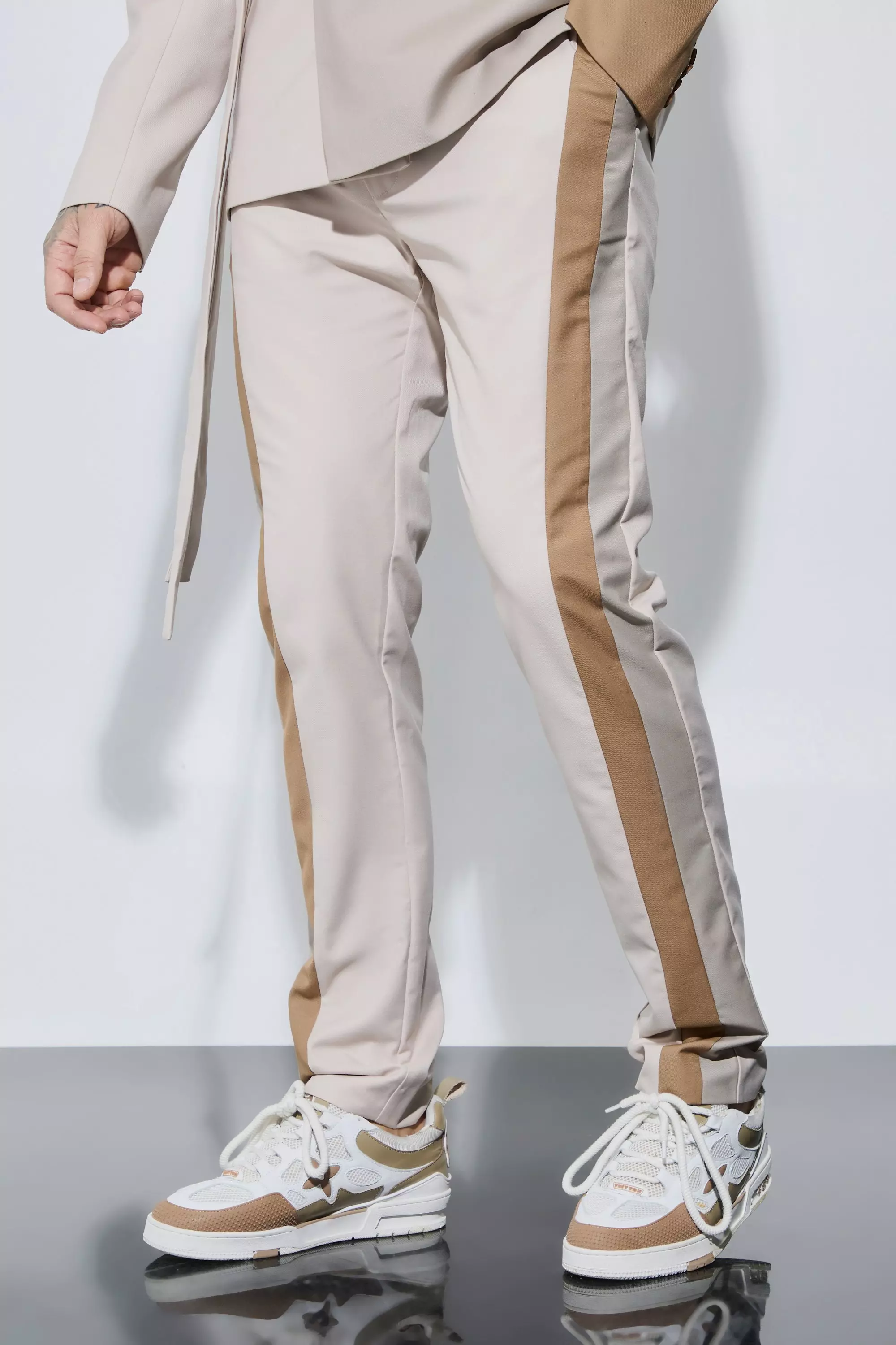 Tall Skinny Fit Colour Block Panel Suit Trouser Stone