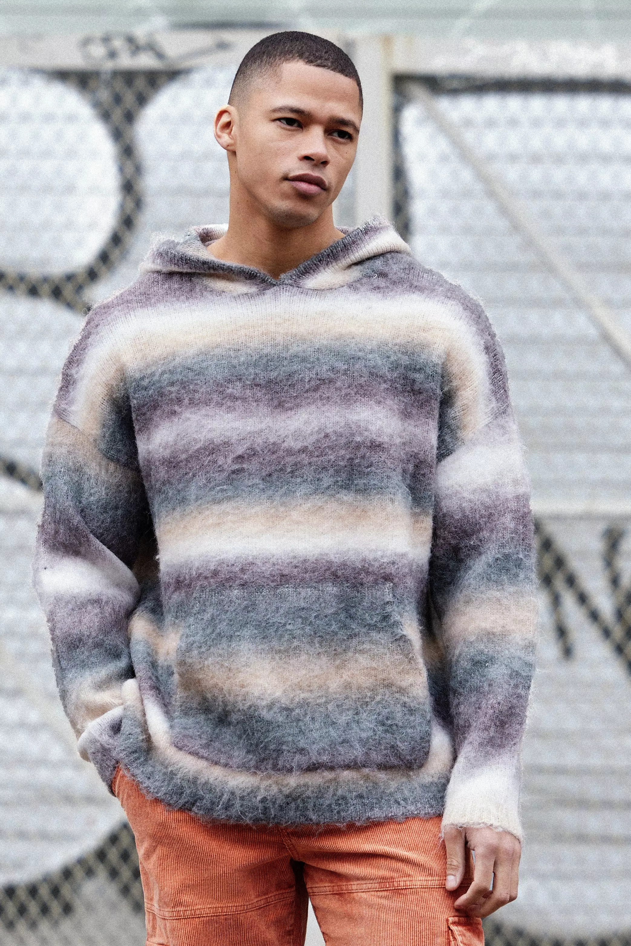 Green Regular Knitted Brushed Stripe Hoodie In Sage