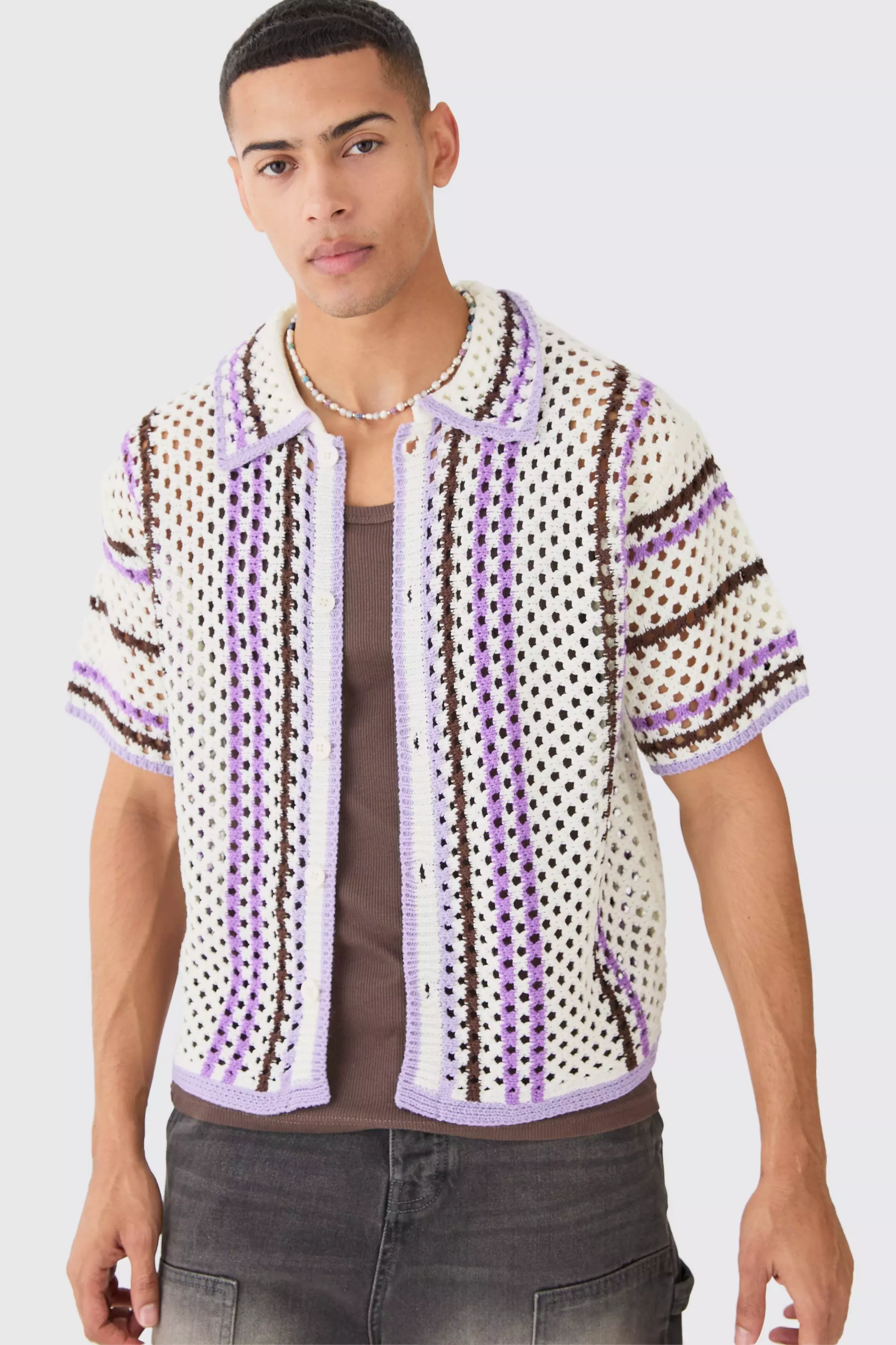 Oversized Boxy Open Knit Stripe Shirt Multi