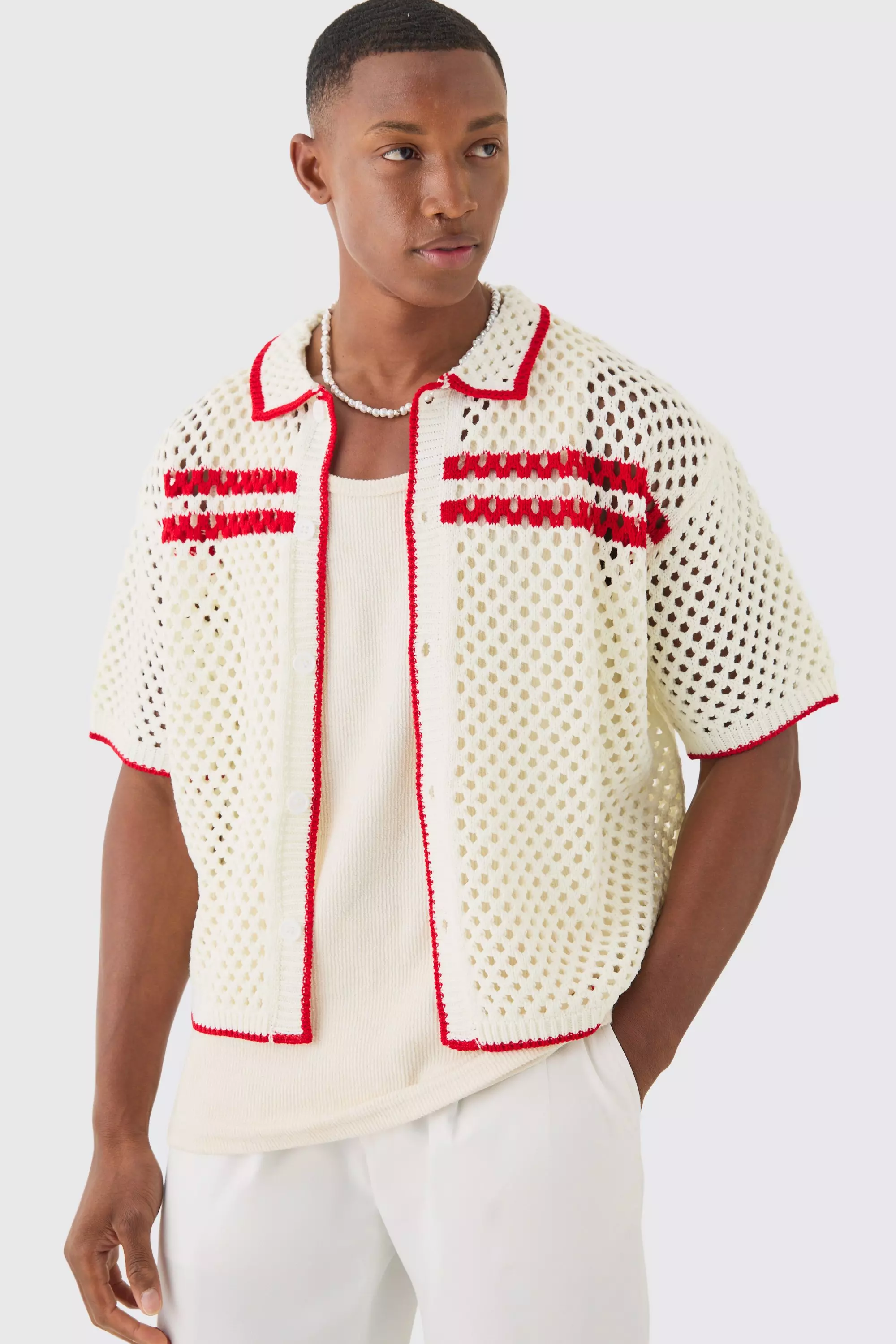 White Oversized Boxy Open Knit Contrast Tipping Shirt alternative image