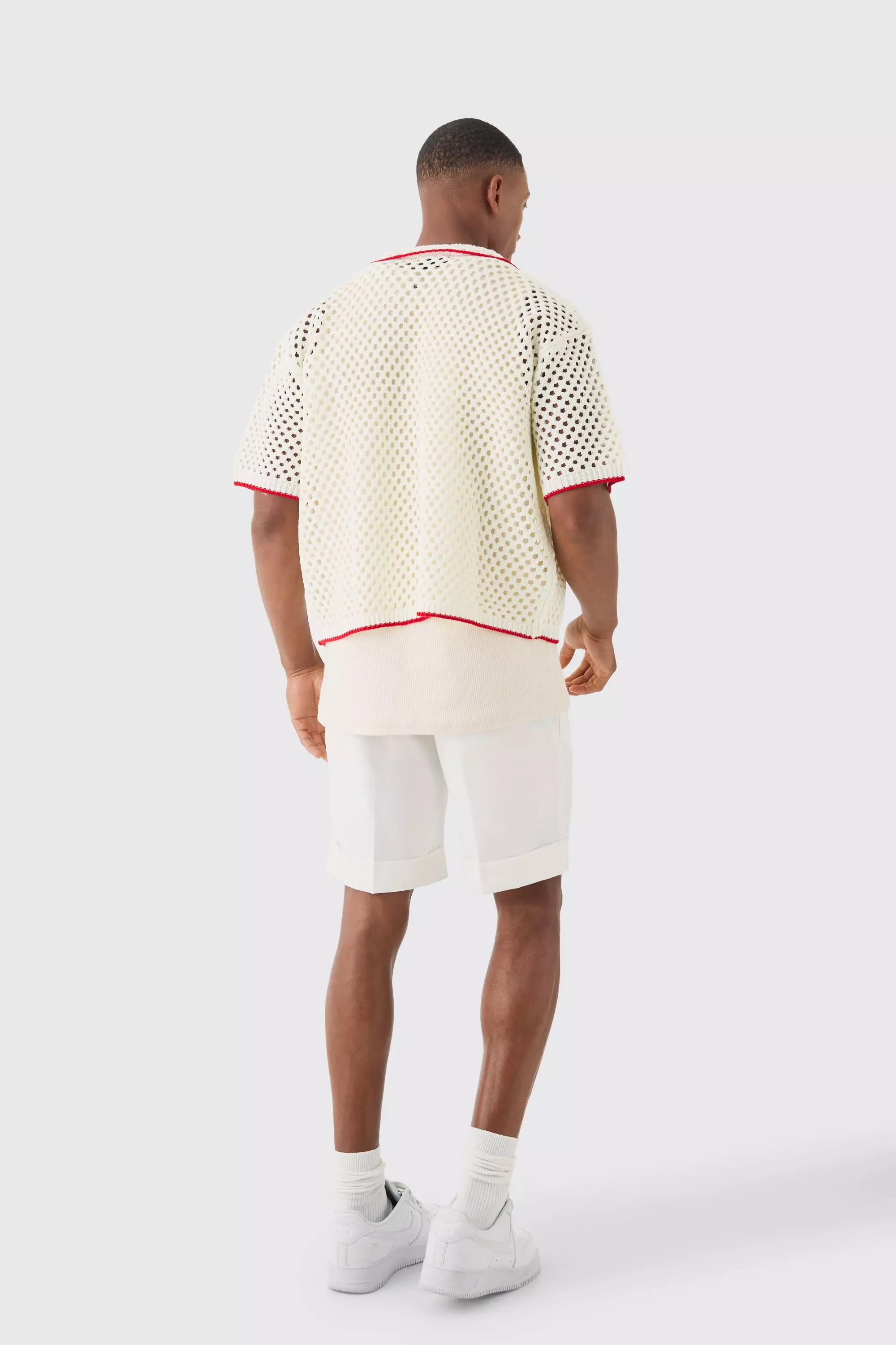 White Oversized Boxy Open Knit Contrast Tipping Shirt alternative image