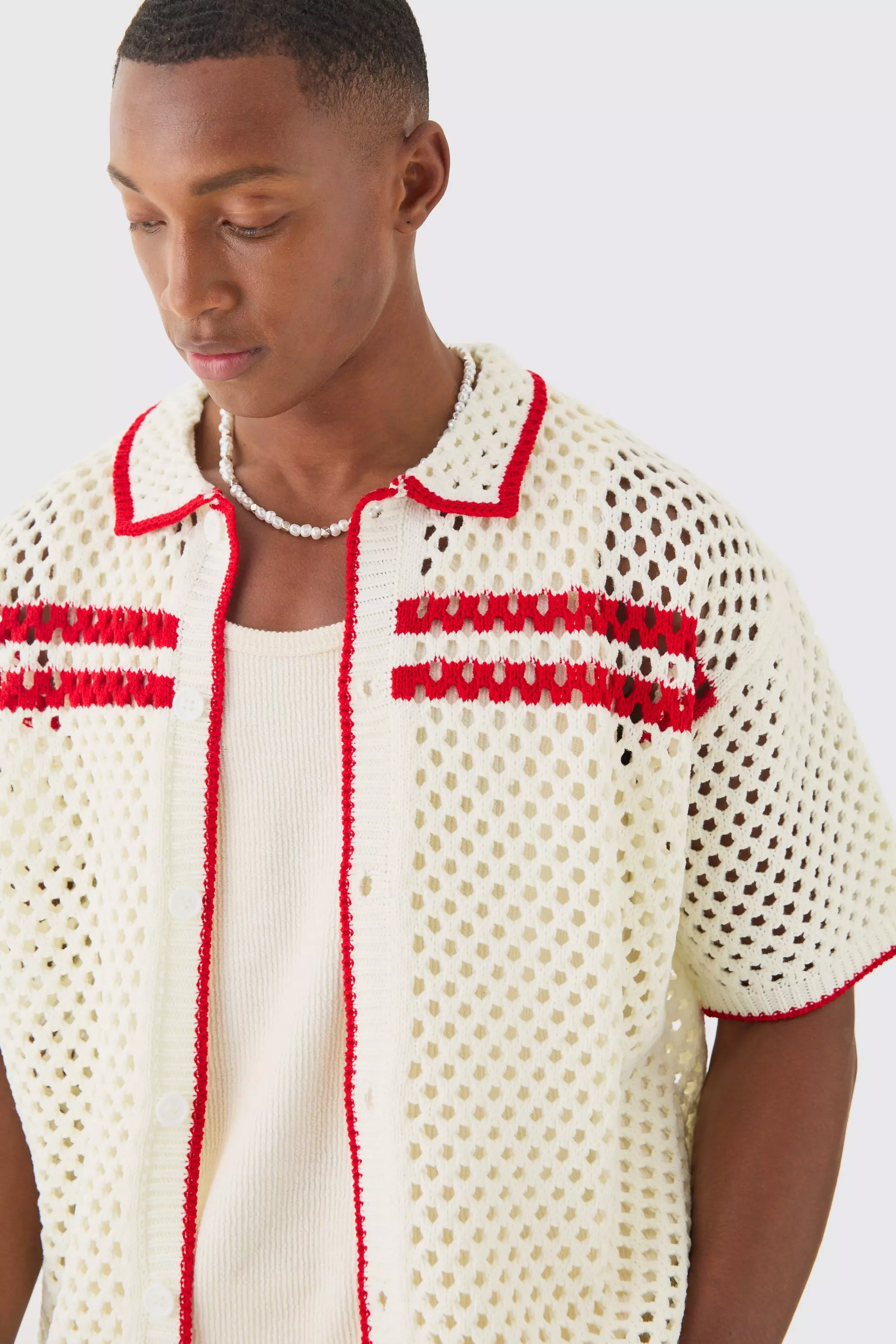 White Oversized Boxy Open Knit Contrast Tipping Shirt alternative image