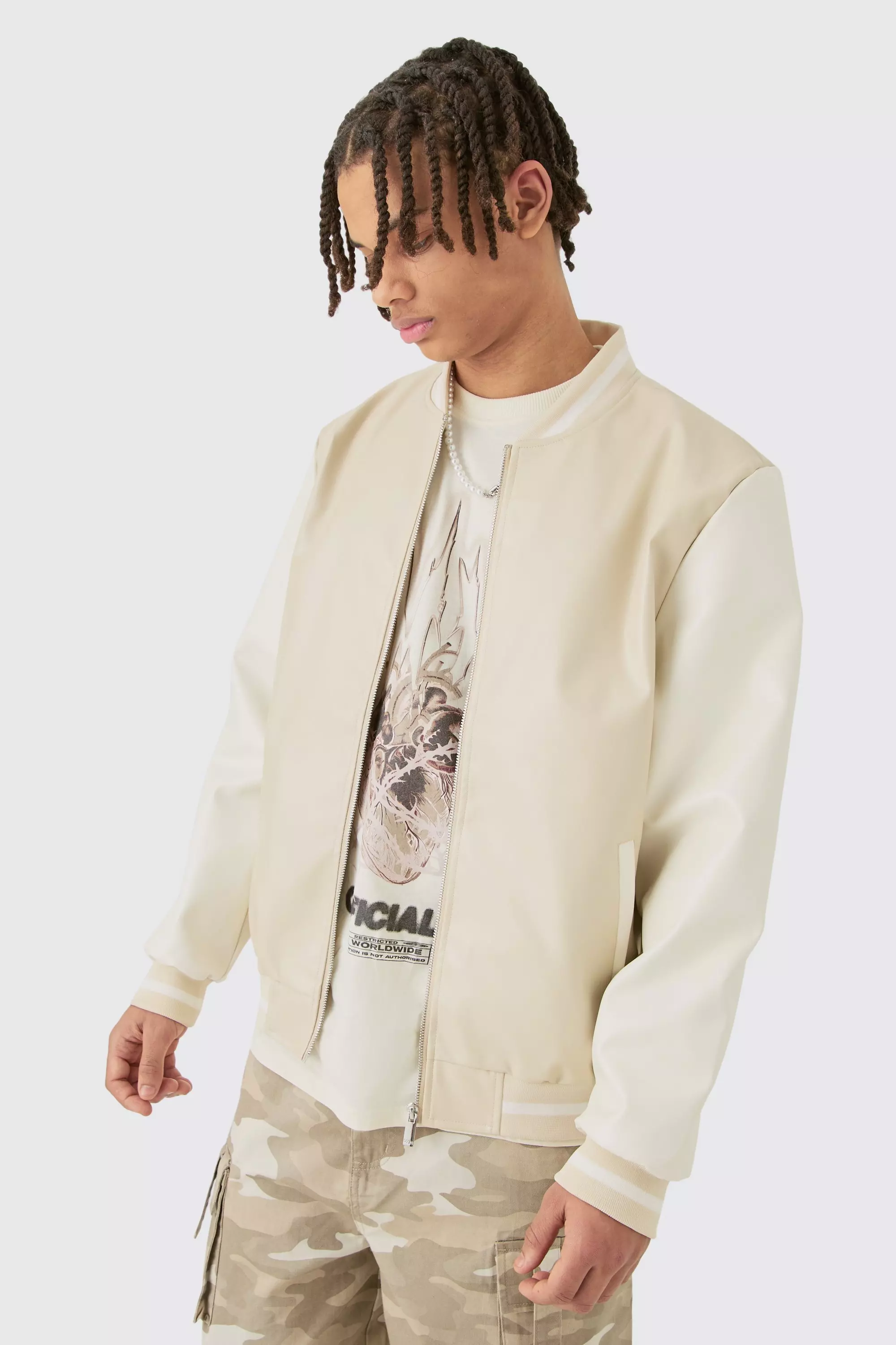 Plain PU Varsity Jacket In Beige alternative image