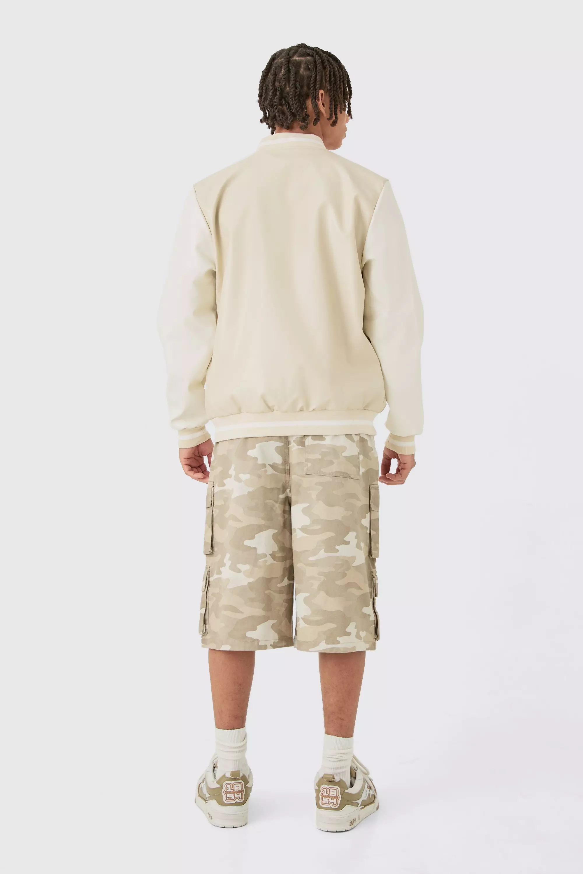 Plain PU Varsity Jacket In Beige alternative image