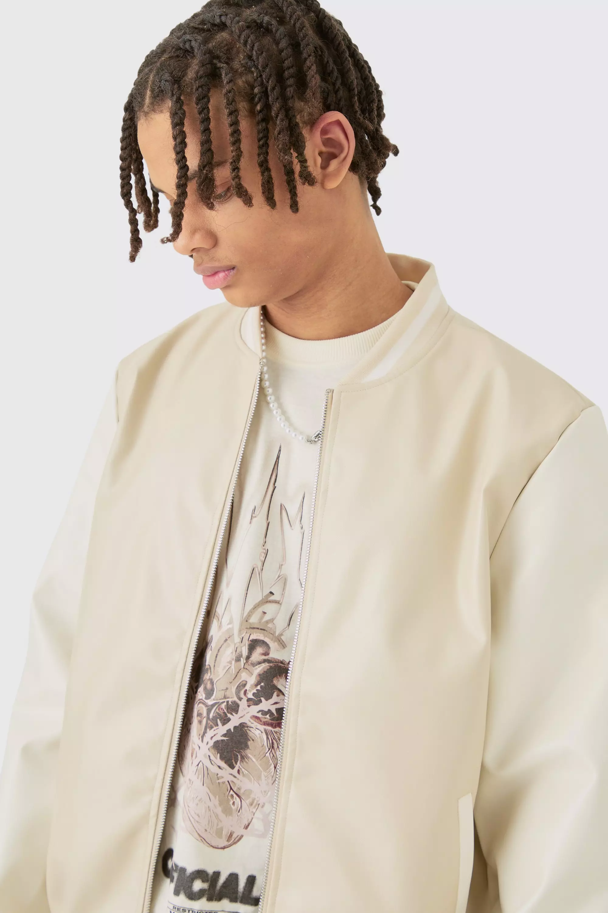 Plain PU Varsity Jacket In Beige alternative image