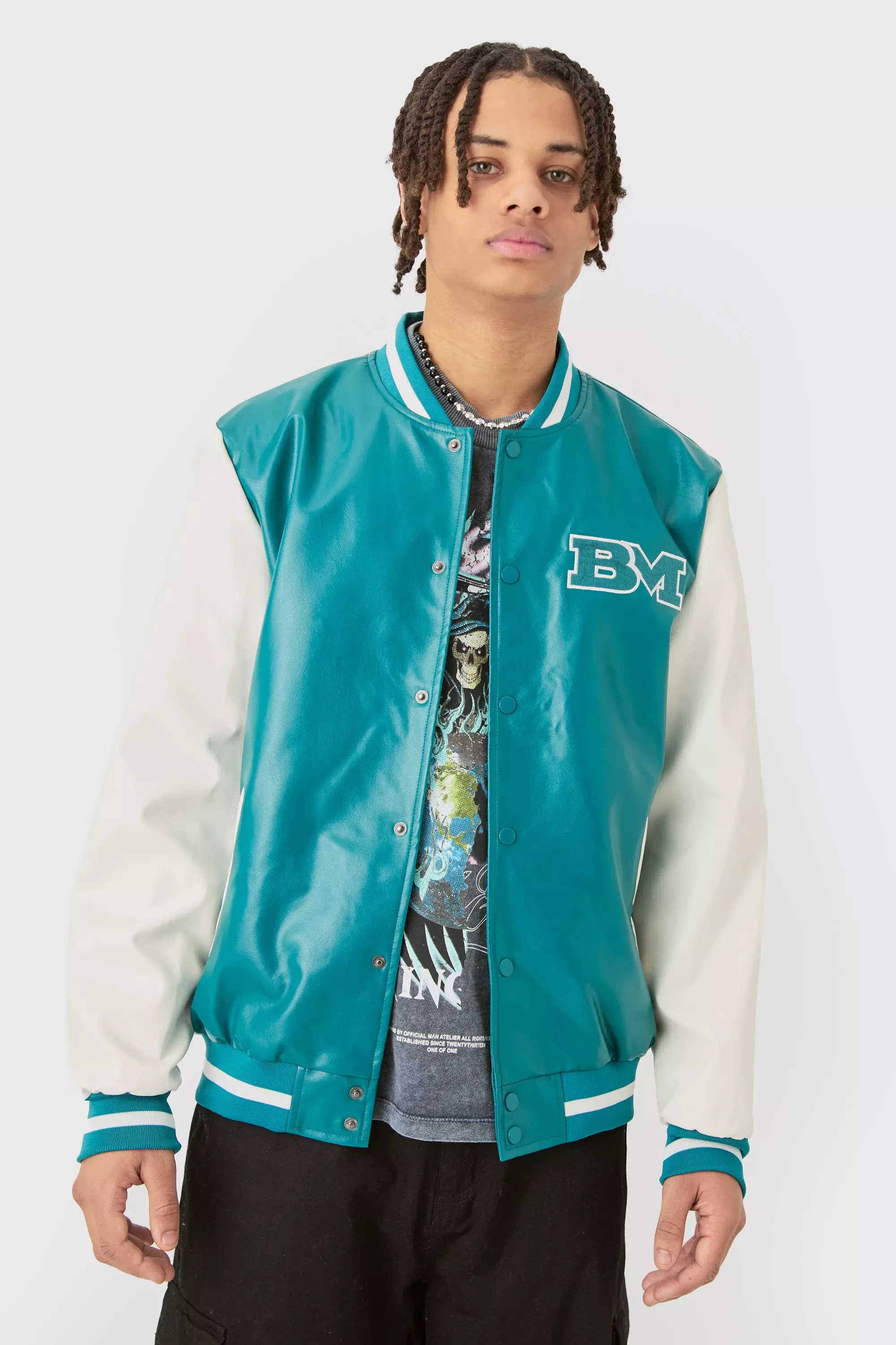 PU Badge Varsity Jacket In Teal Teal