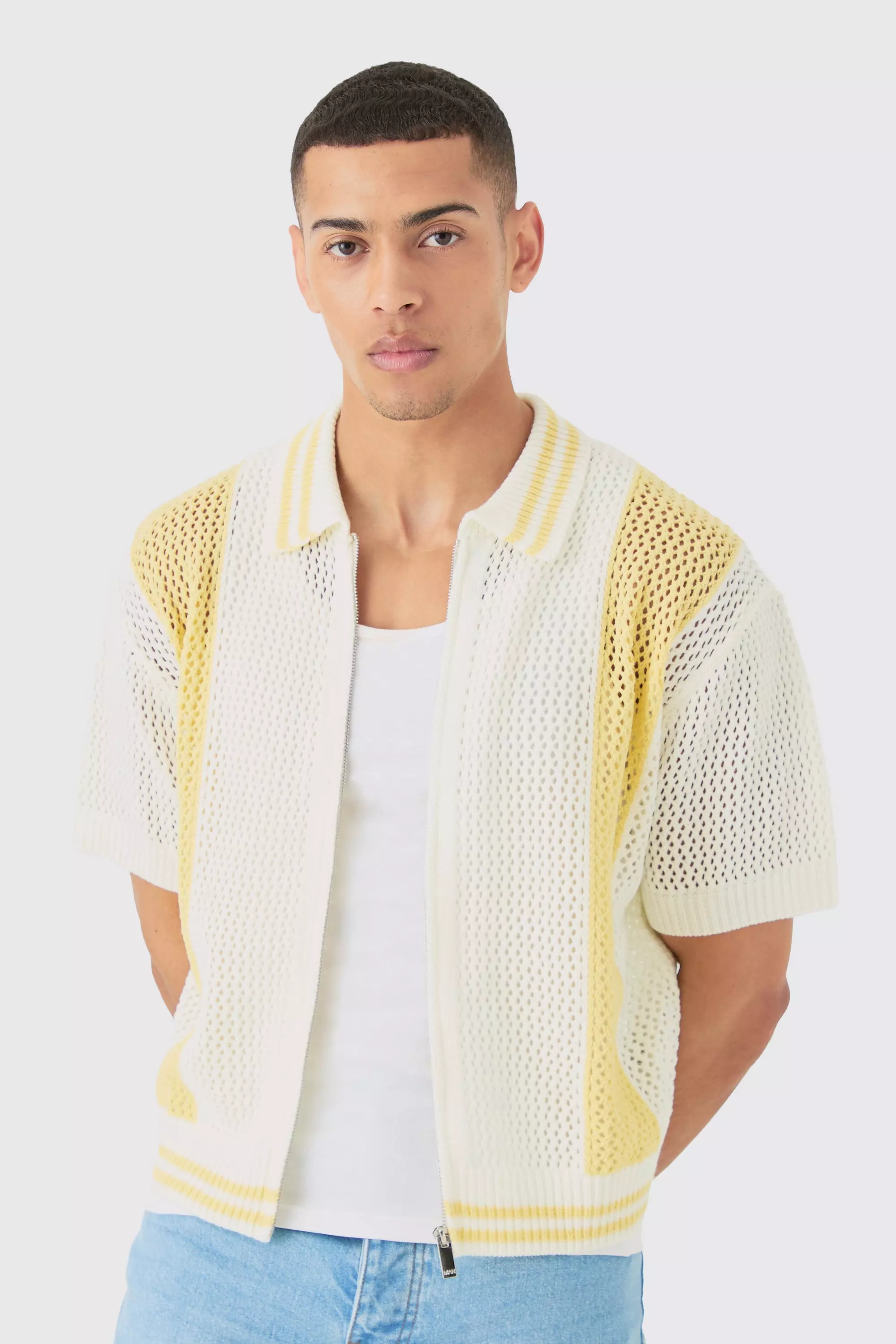 Boxy Dual Zip Open Stitch Colour Block Shirt Yellow