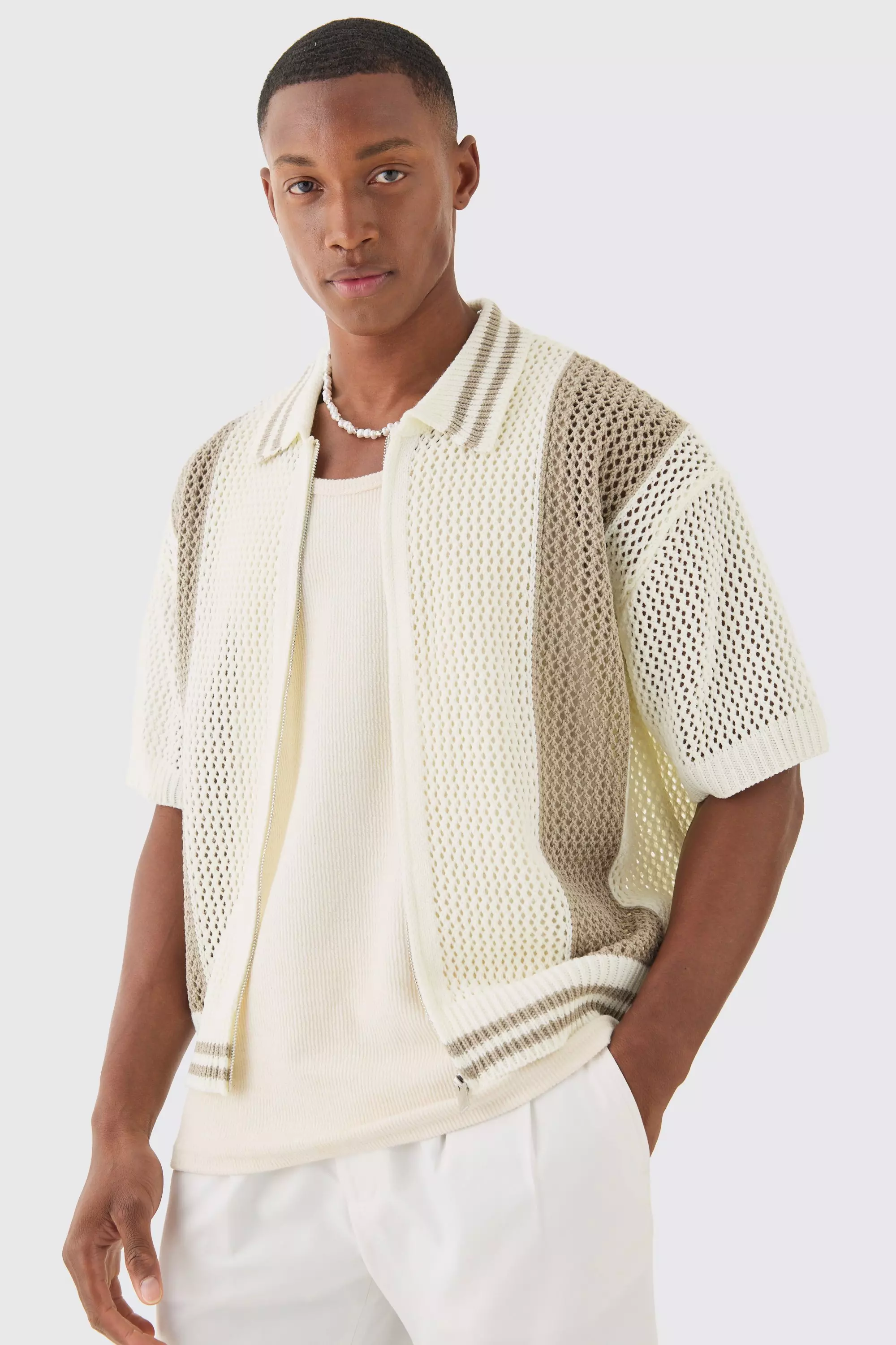 Boxy Dual Zip Open Stitch Colour Block Shirt Stone