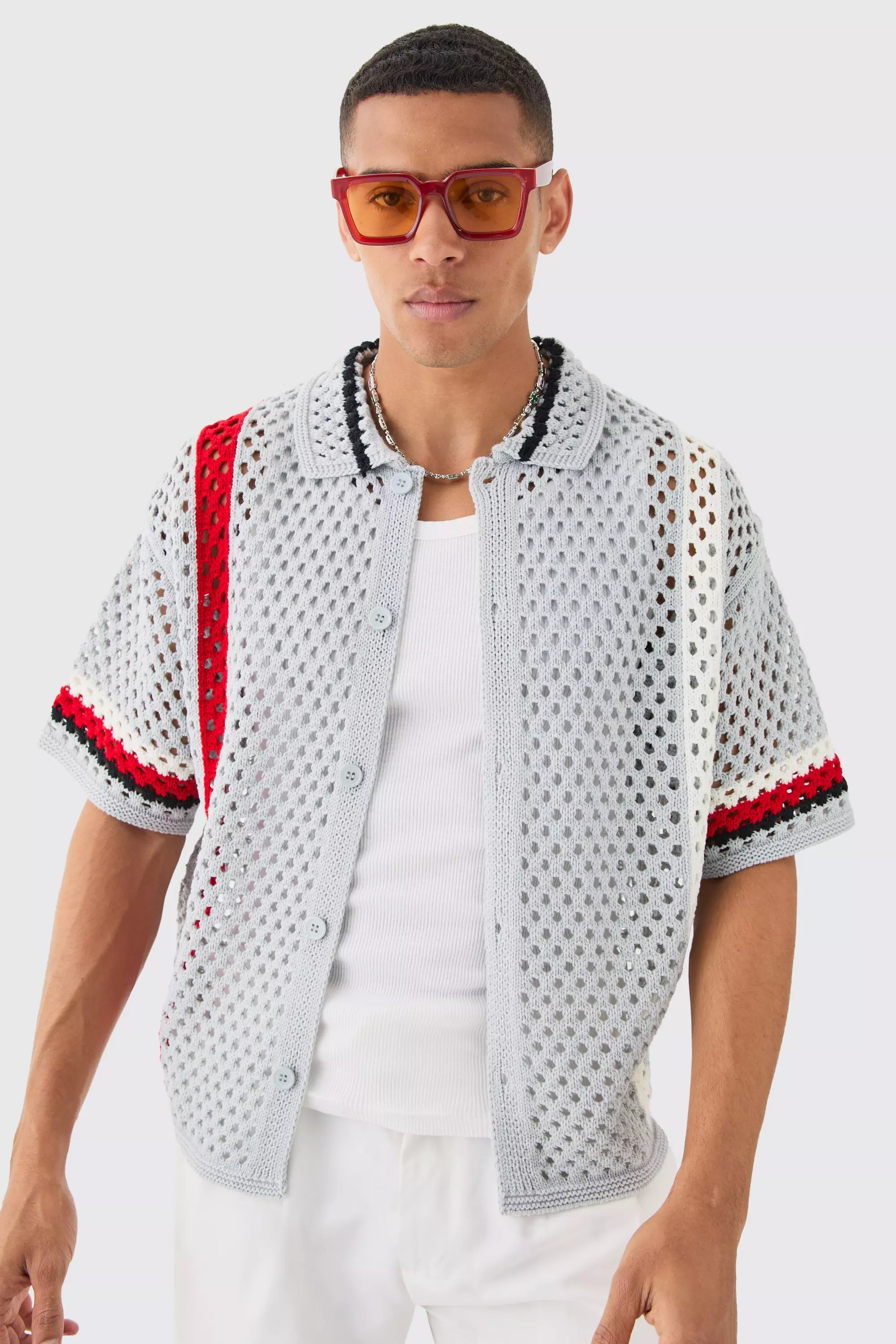 Grey Oversized Boxy Open Knit Abstract Stripe Shirt alternative image