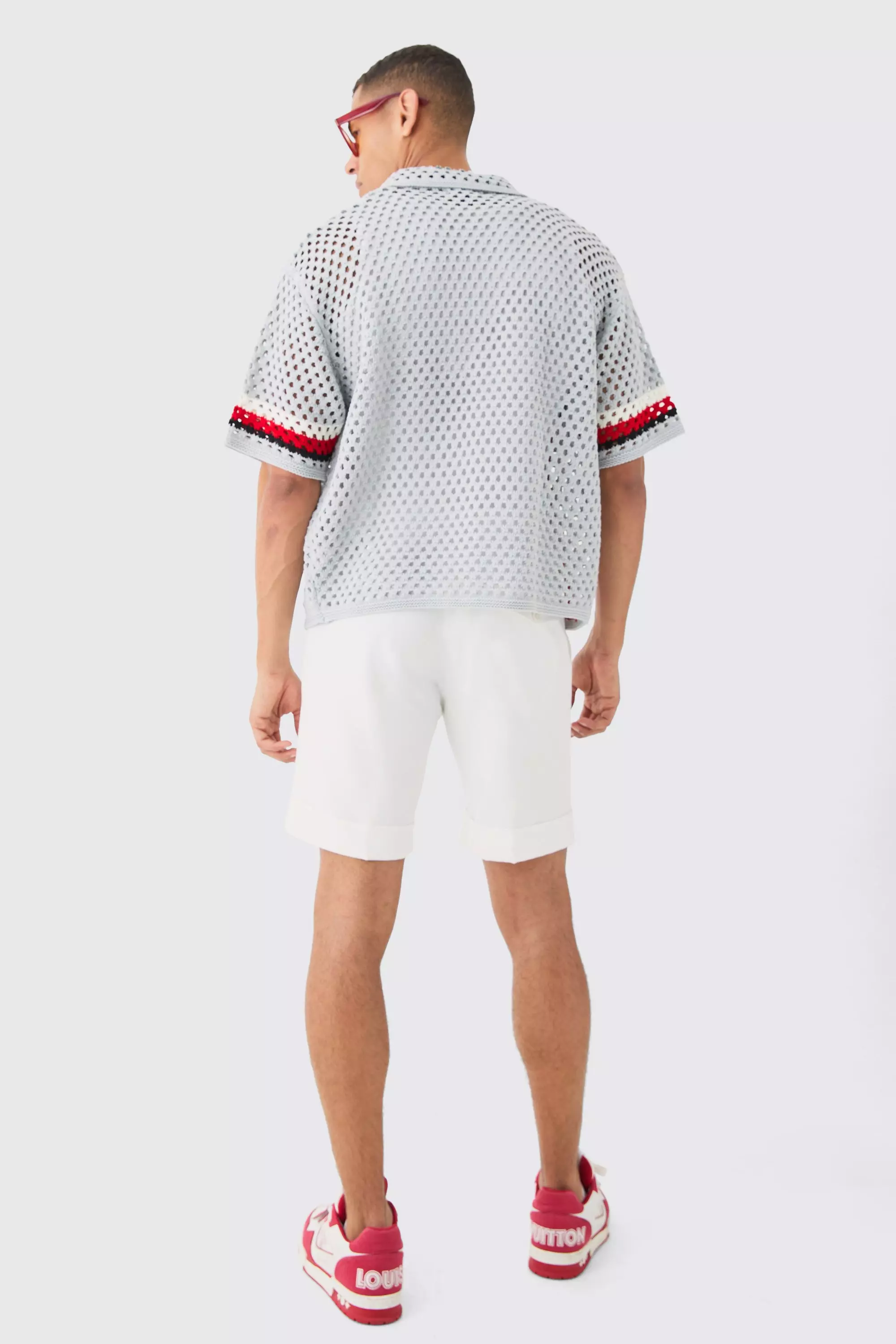 Grey Oversized Boxy Open Knit Abstract Stripe Shirt alternative image