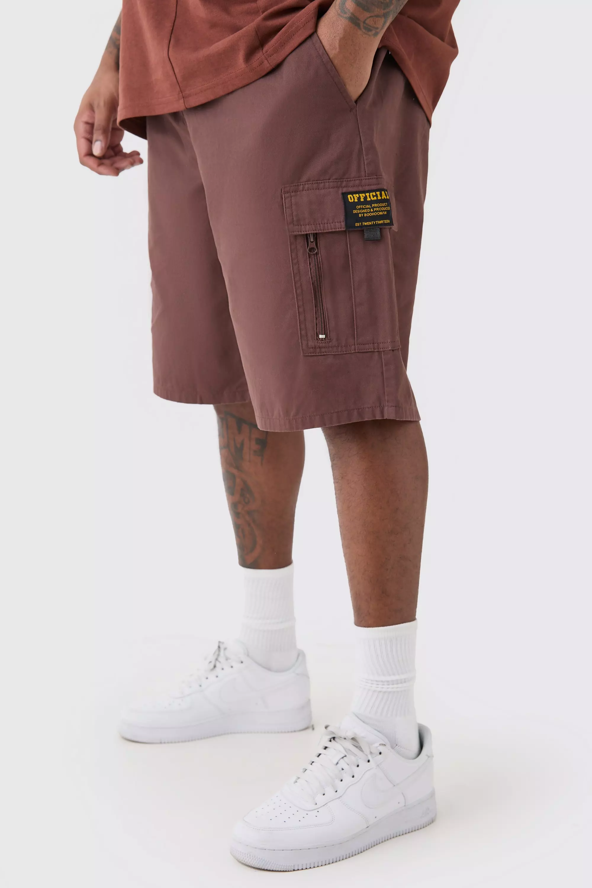 Plus Fixed Waist Twill Relaxed Cargo Zip Detail Tab Short Chocolate