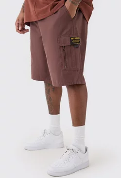 Plus Fixed Waist Twill Relaxed Cargo Zip Detail Tab Short Chocolate