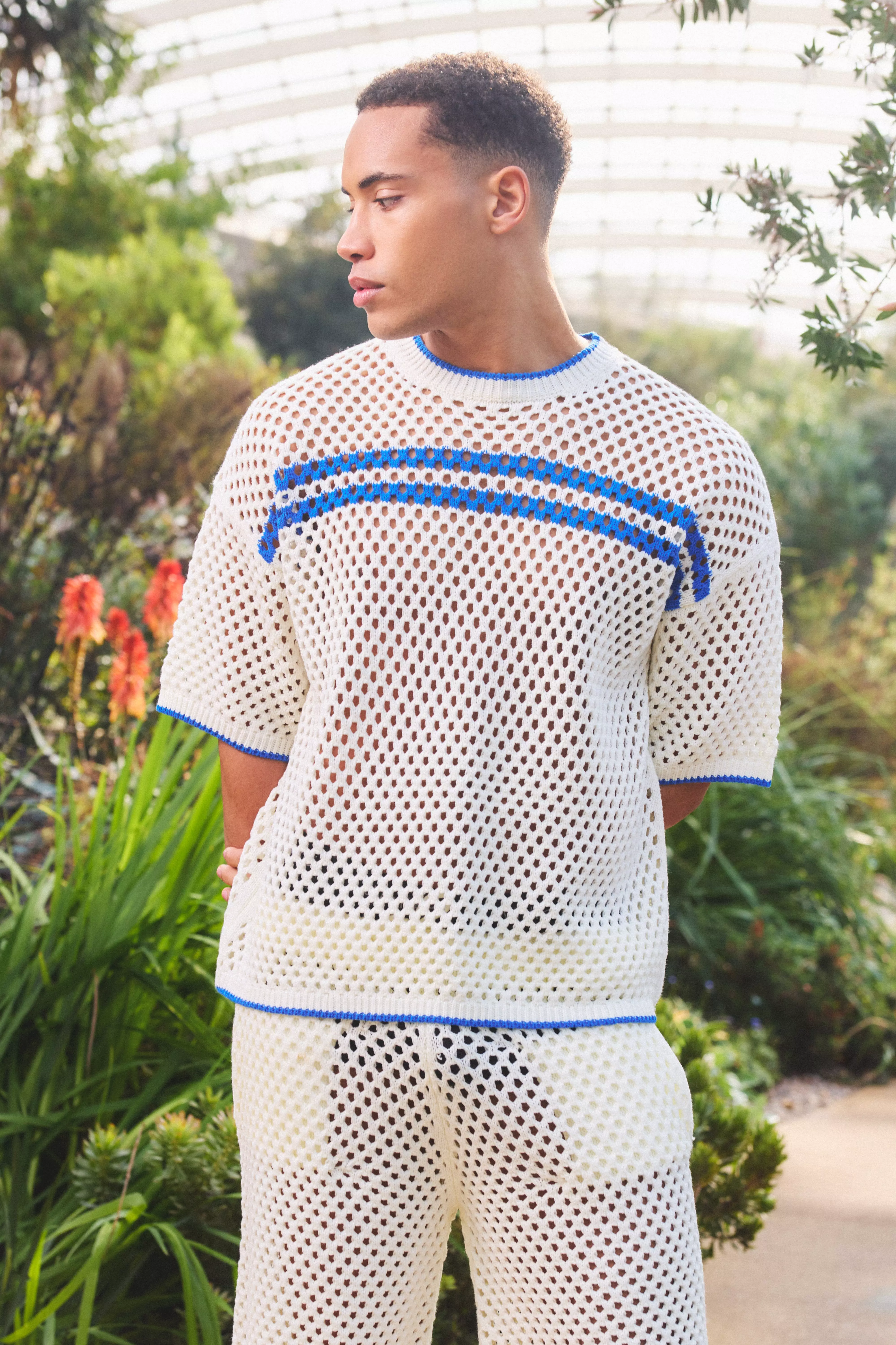 Oversized Open Stitch Tipped Knitted T-shirt Ecru