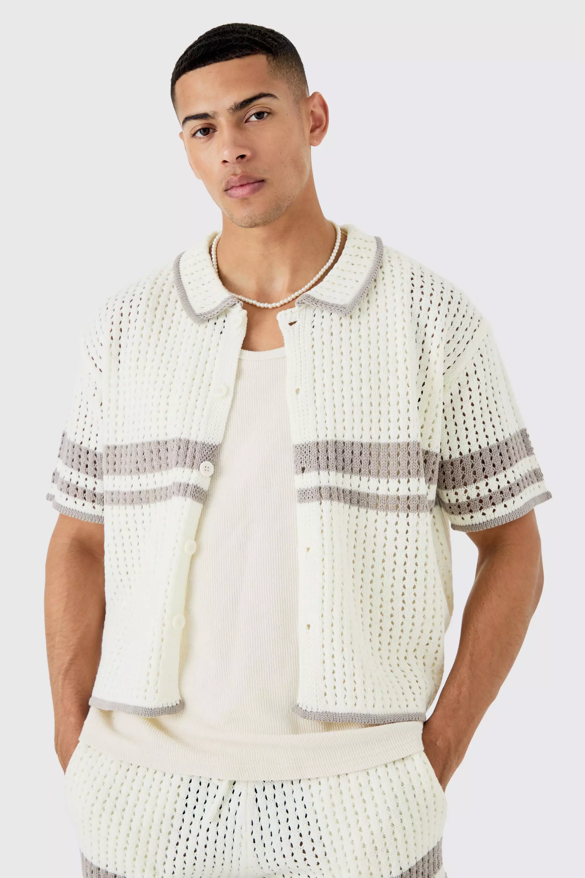 Stone Beige Boxy Oversized Open Stitch Statement Stripe Knit Shirt