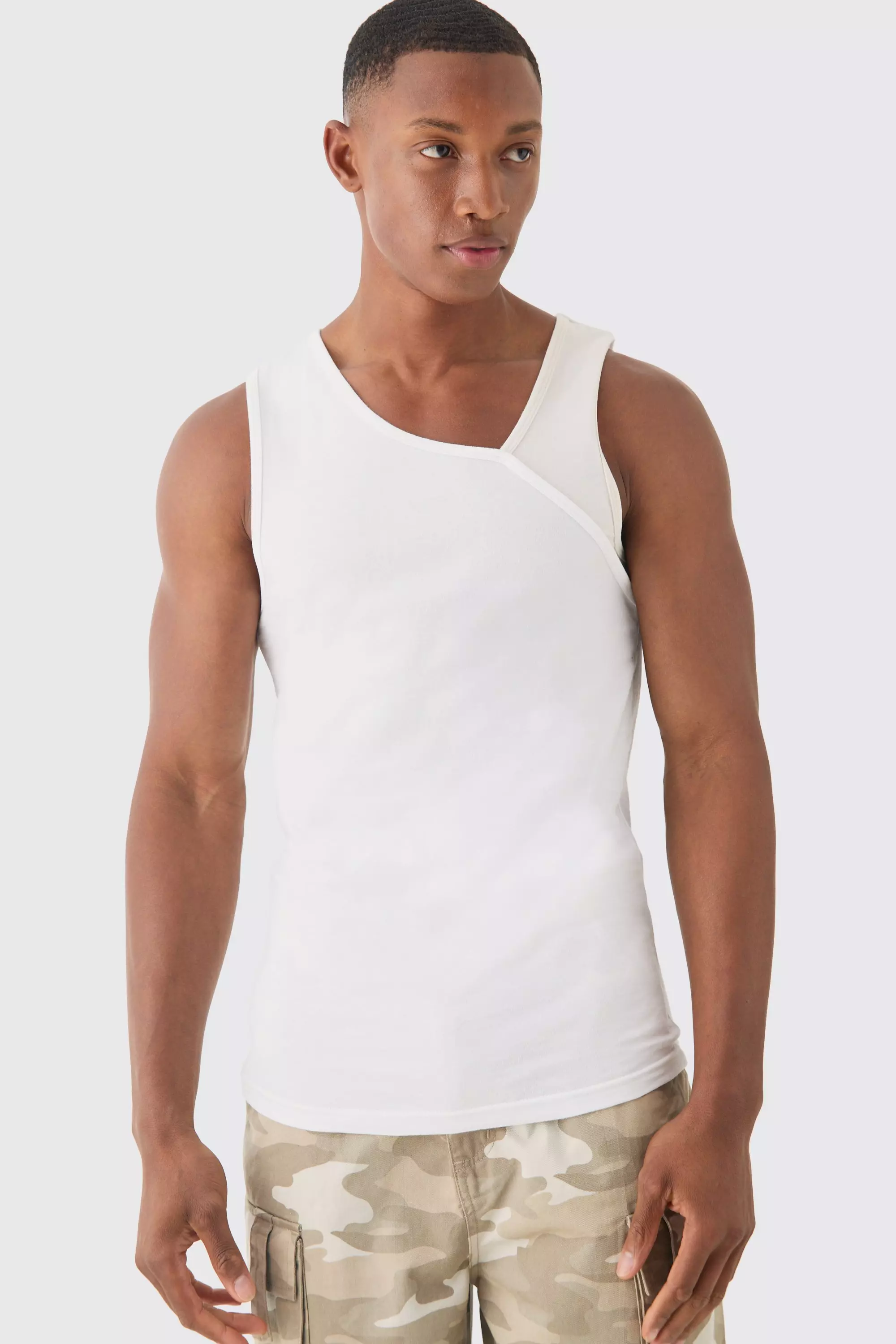 Slim Rib Contrast Panel Vest White