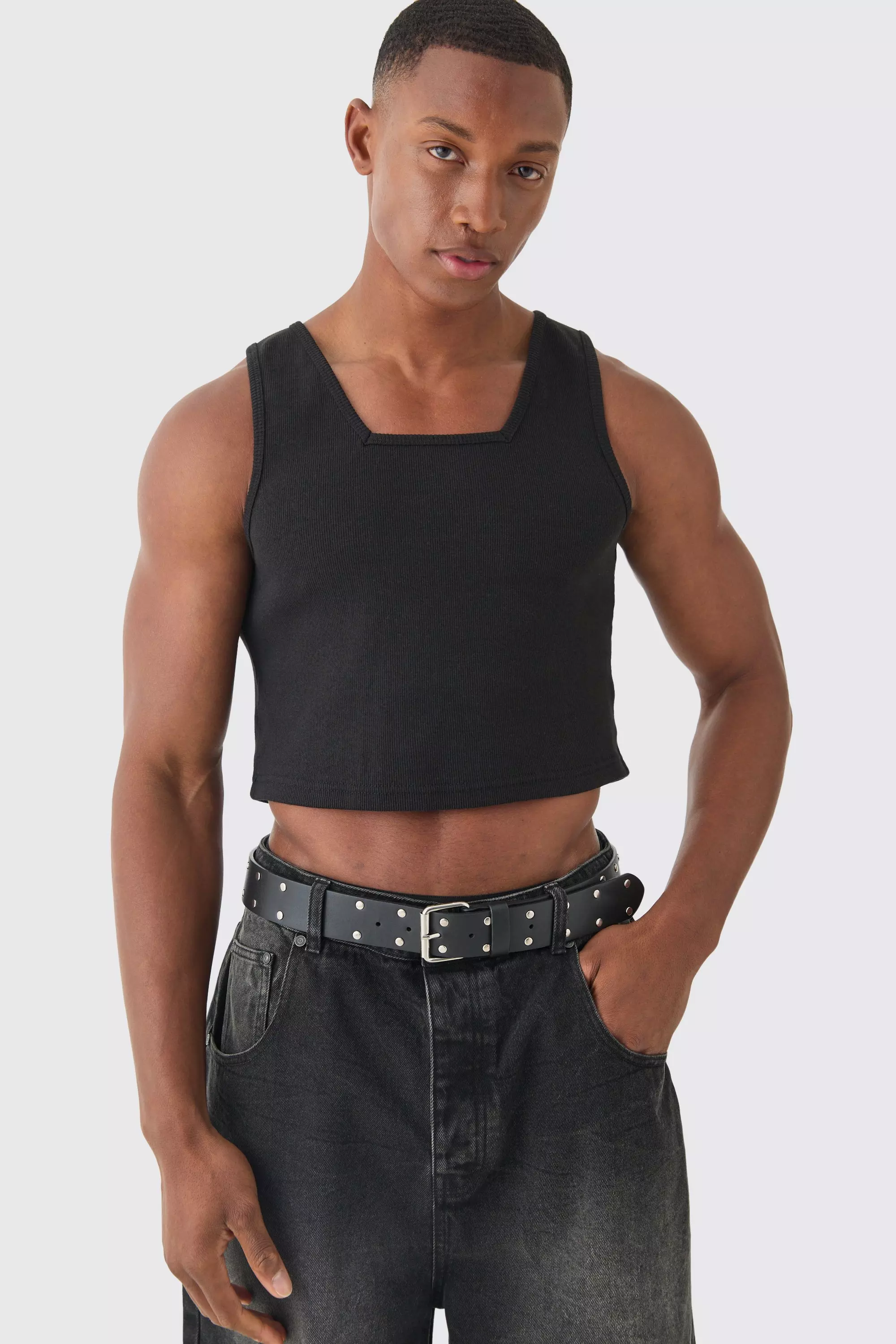 Slim Cropped Square Neck Interlock Vest Black