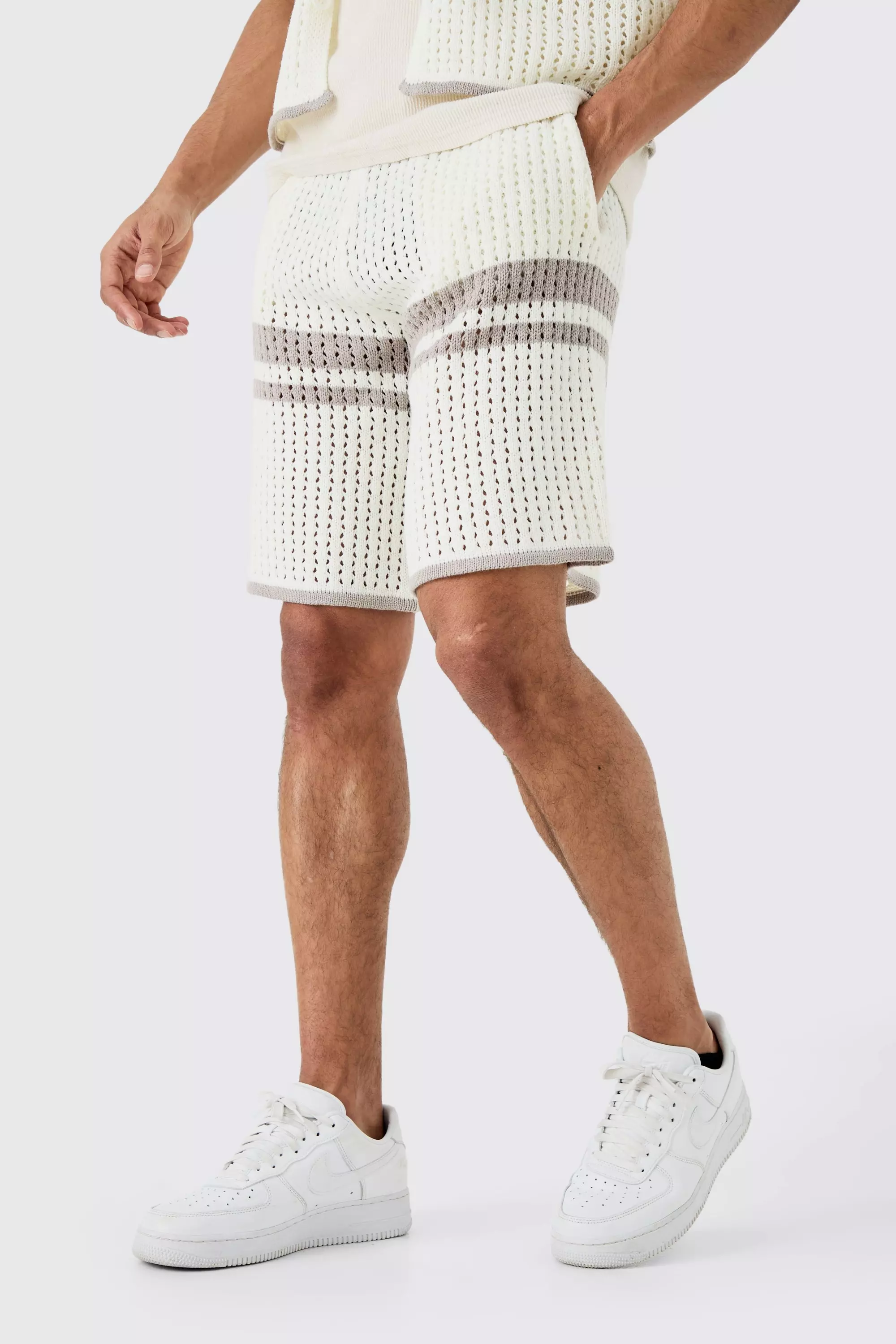 Stone Beige Relaxed Open Stitch Statement Stripe Knitted Short