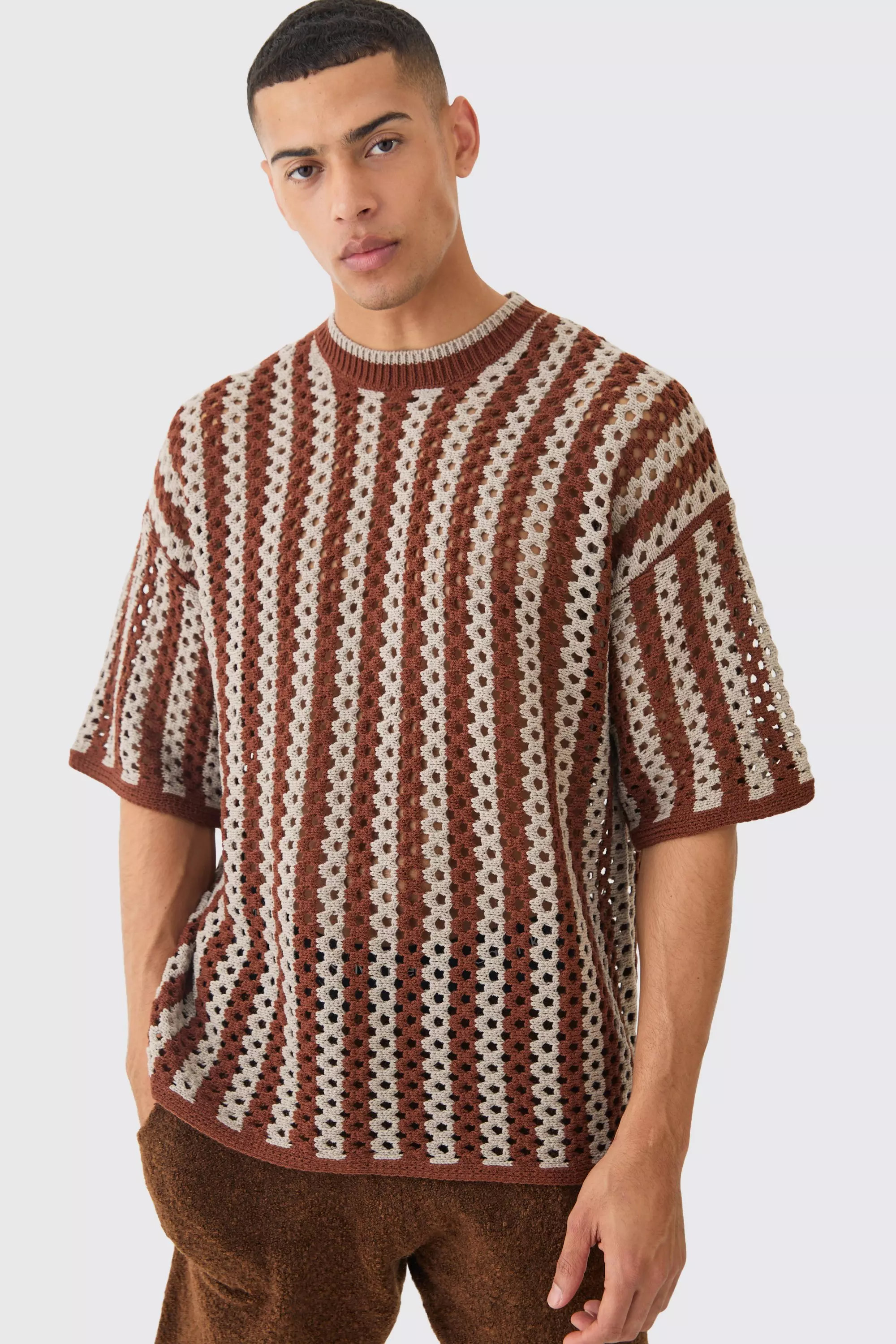Chocolate Oversized Open Stitch Stripe T-shirt alternative image