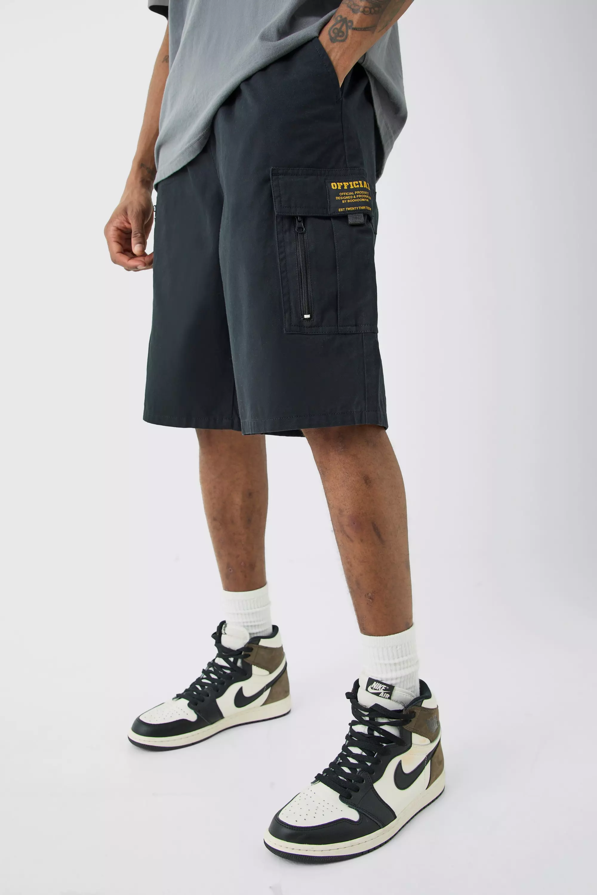 Tall Fixed Waist Twill Relaxed Cargo Zip Detail Tab Short Black