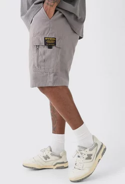 Grey Plus Fixed Waist Twill Relaxed Cargo Zip Detail Tab Short