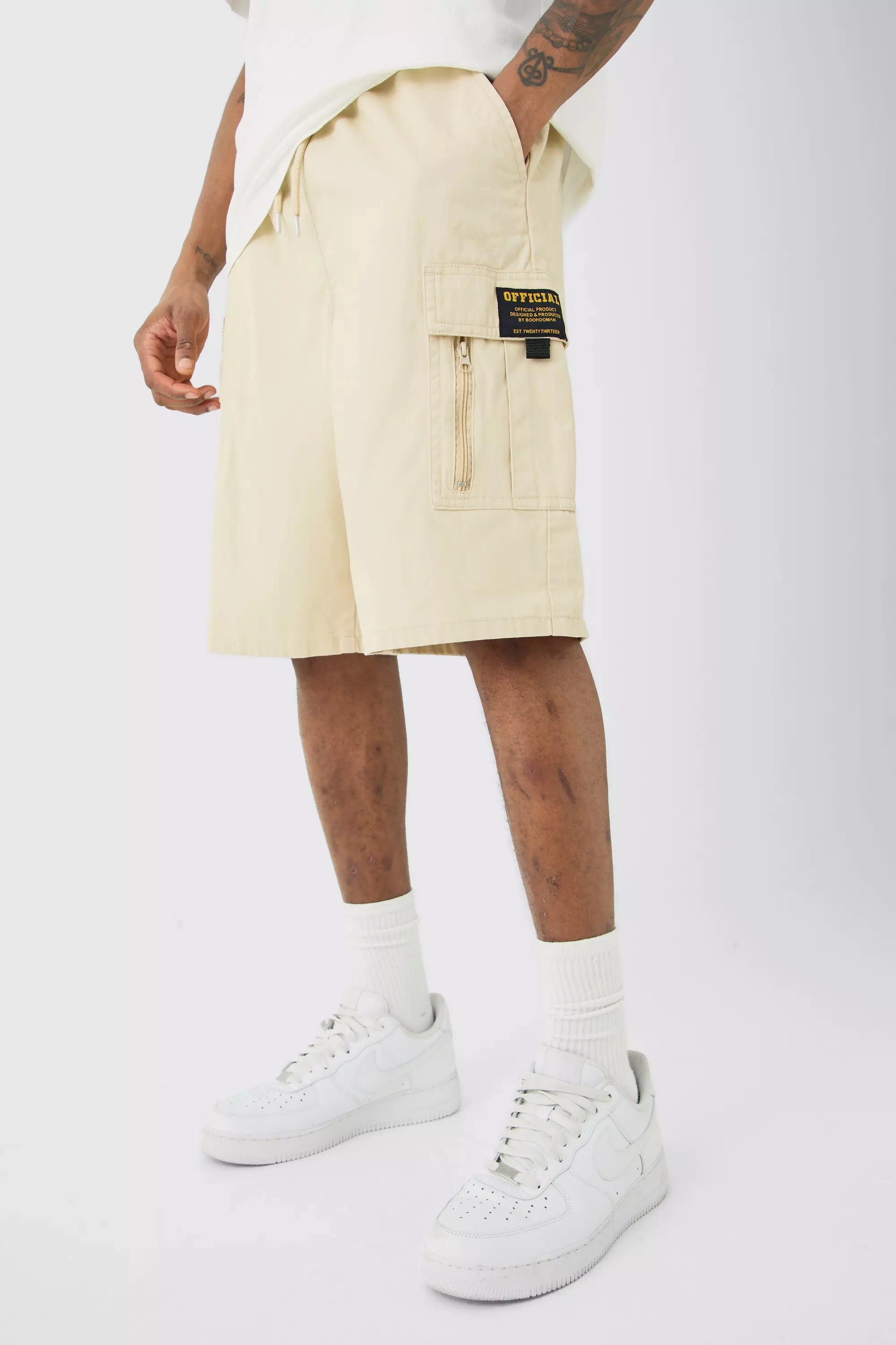 Stone Beige Tall Fixed Waist Twill Relaxed Cargo Zip Detail Tab Short