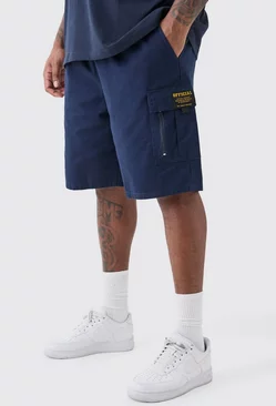 Navy Plus Fixed Waist Twill Relaxed Cargo Zip Detail Tab Short