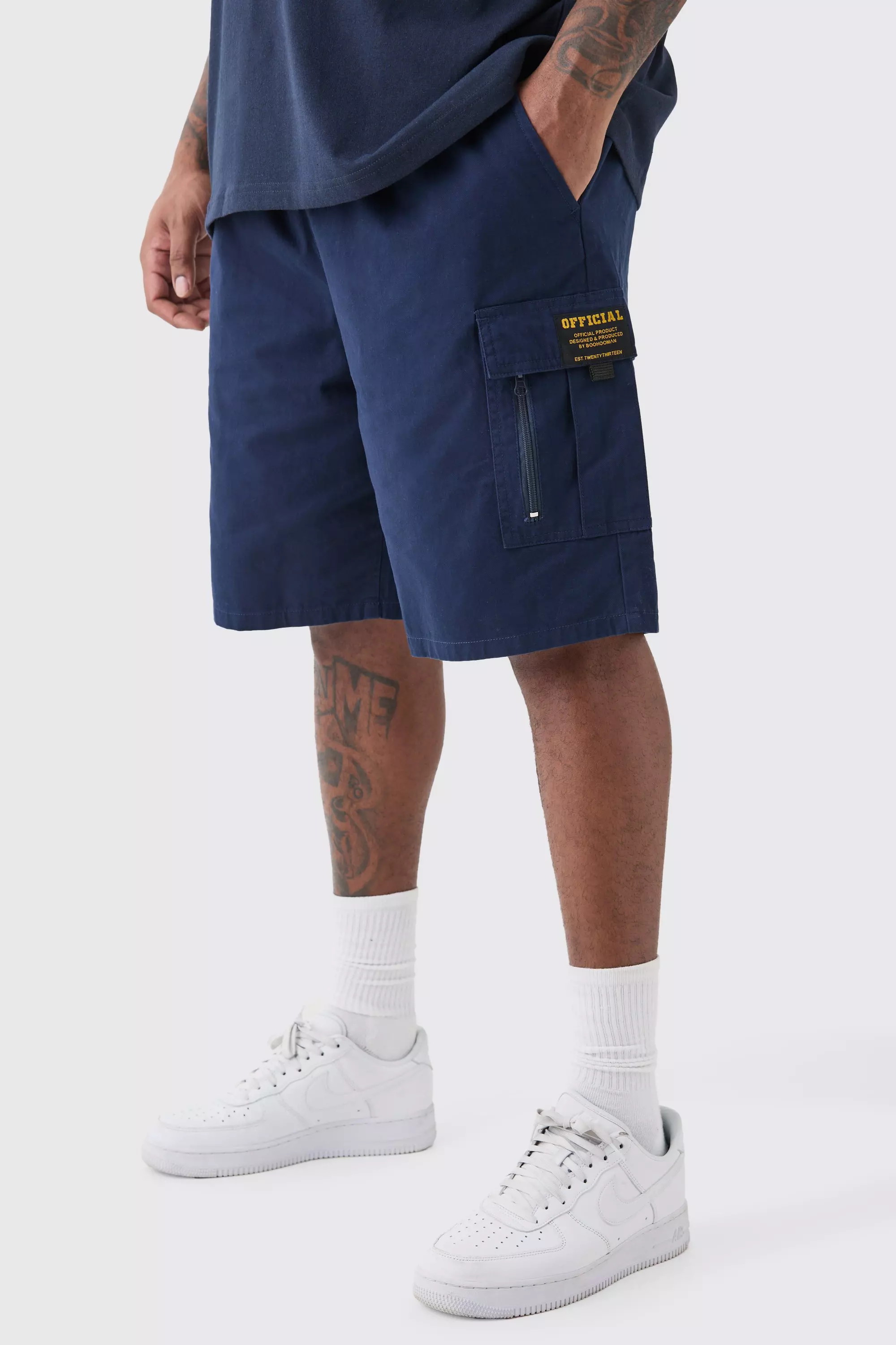Plus Fixed Waist Twill Relaxed Cargo Zip Detail Tab Short Navy