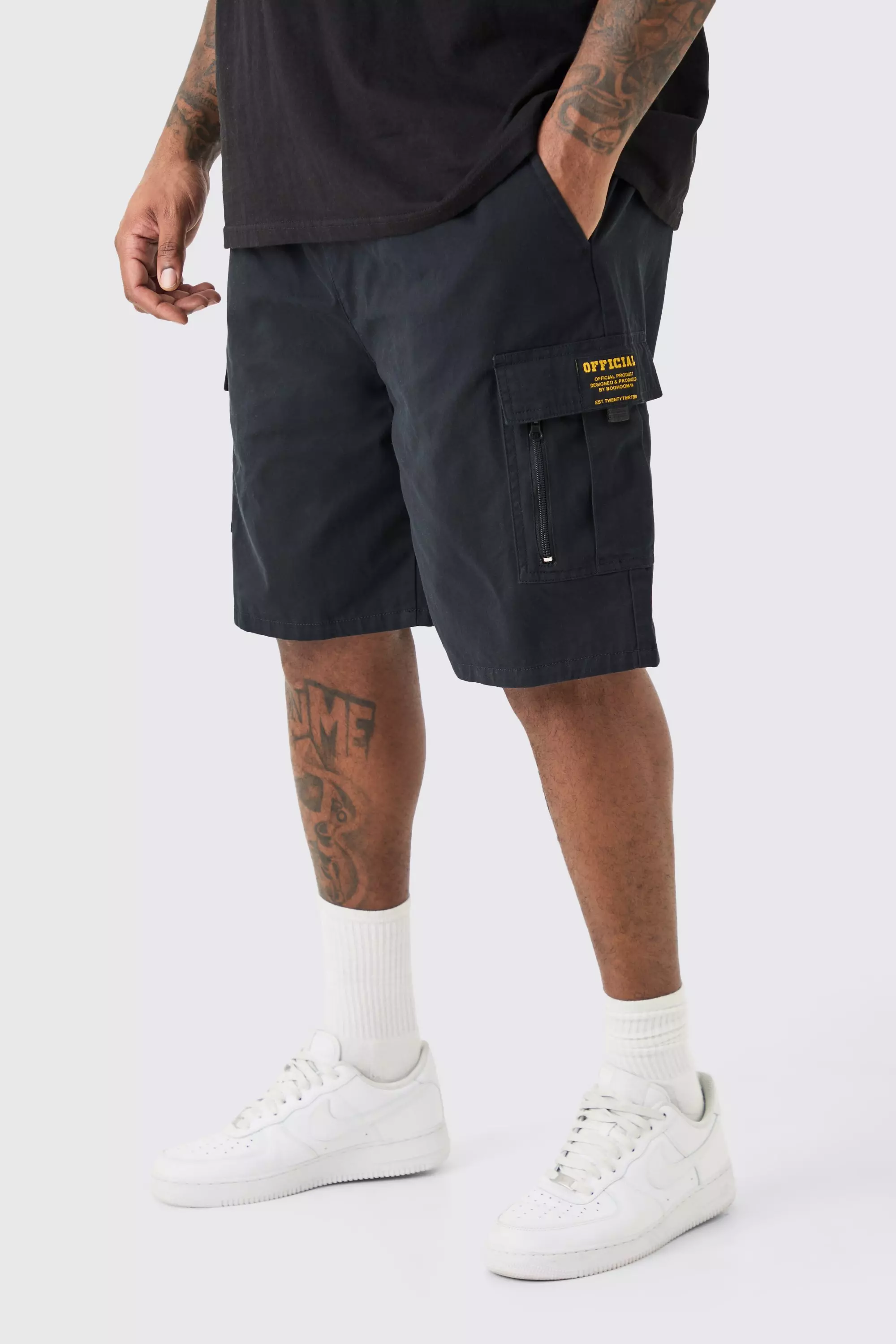 Plus Fixed Waist Twill Relaxed Cargo Zip Detail Tab Short Black