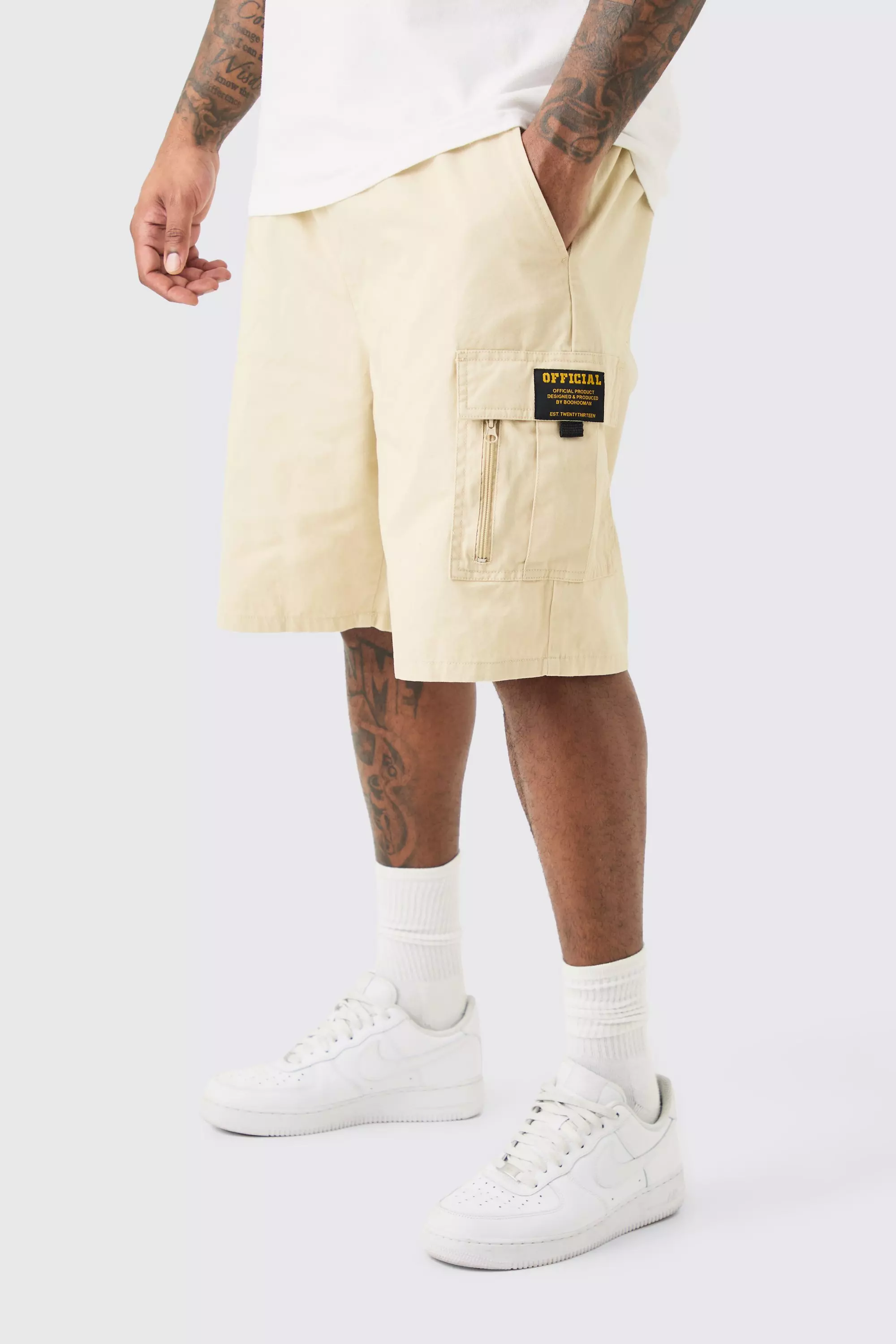 Plus Fixed Waist Twill Relaxed Cargo Zip Detail Tab Short Stone