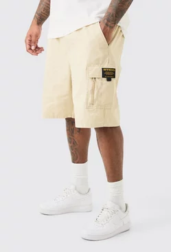Stone Beige Plus Fixed Waist Twill Relaxed Cargo Zip Detail Tab Short