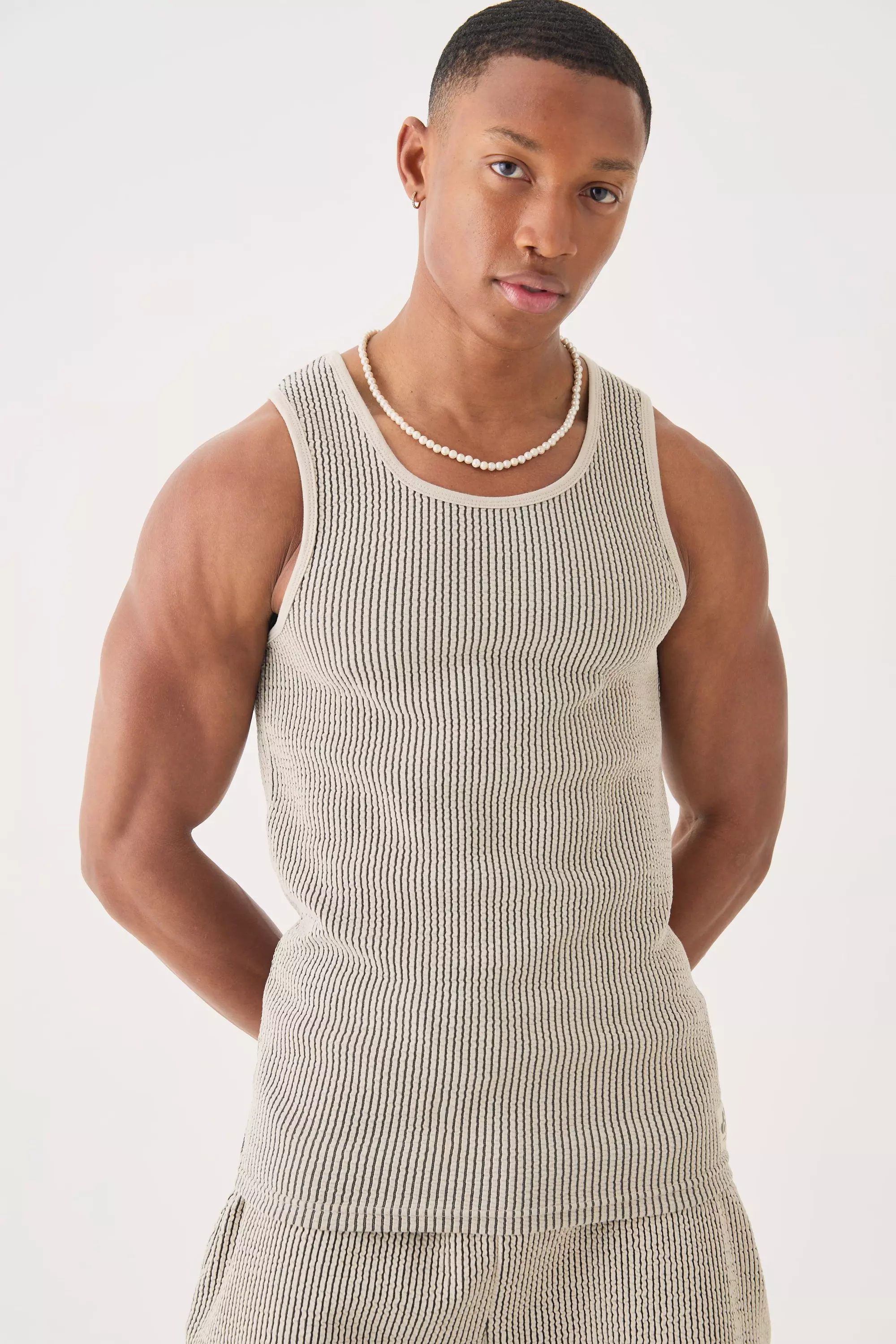 Muscle Fit Textured Undershirt With Woven Tab Grey